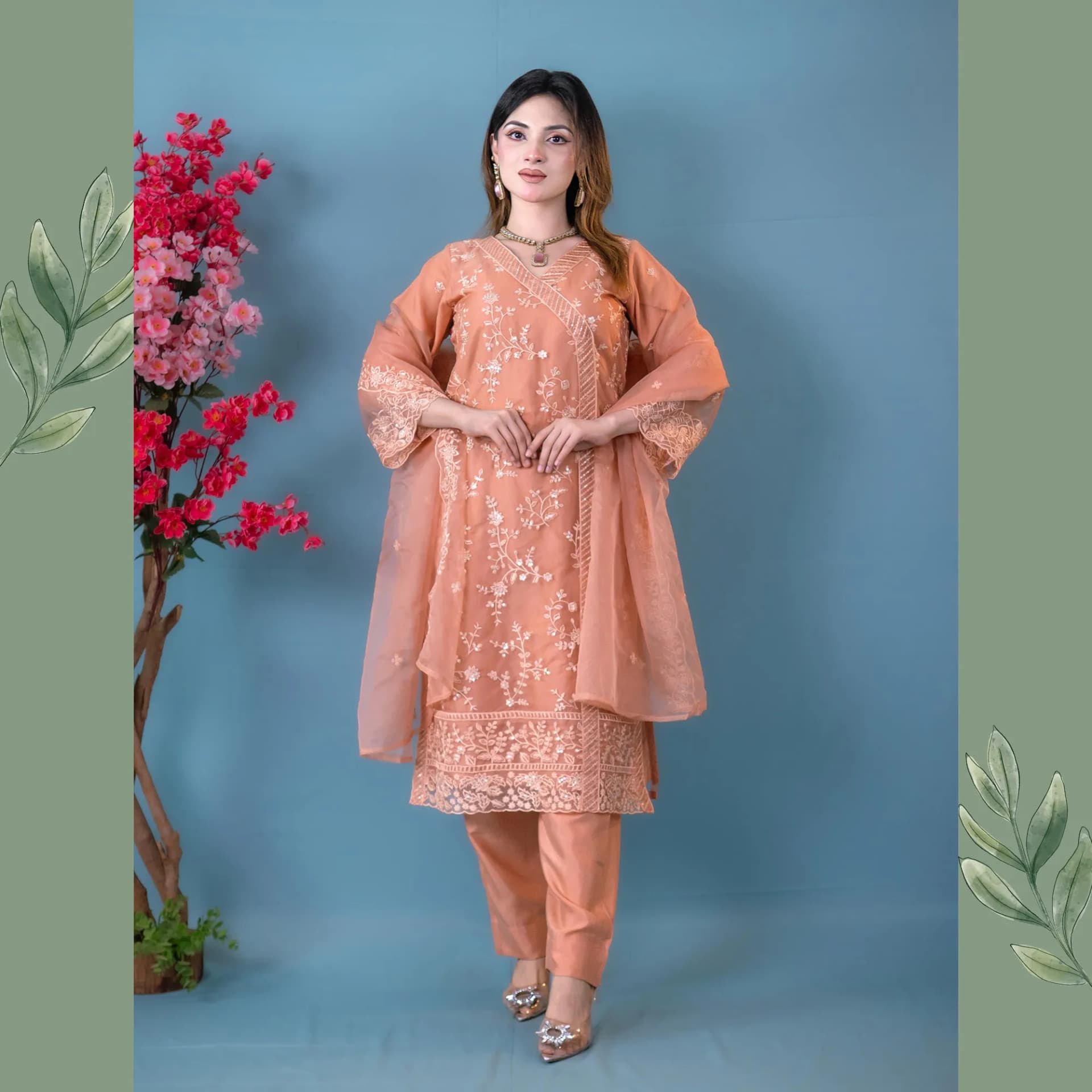 Peachy Pink Embroidered Organza Salwar Kameez C-11369 – Stitching Available