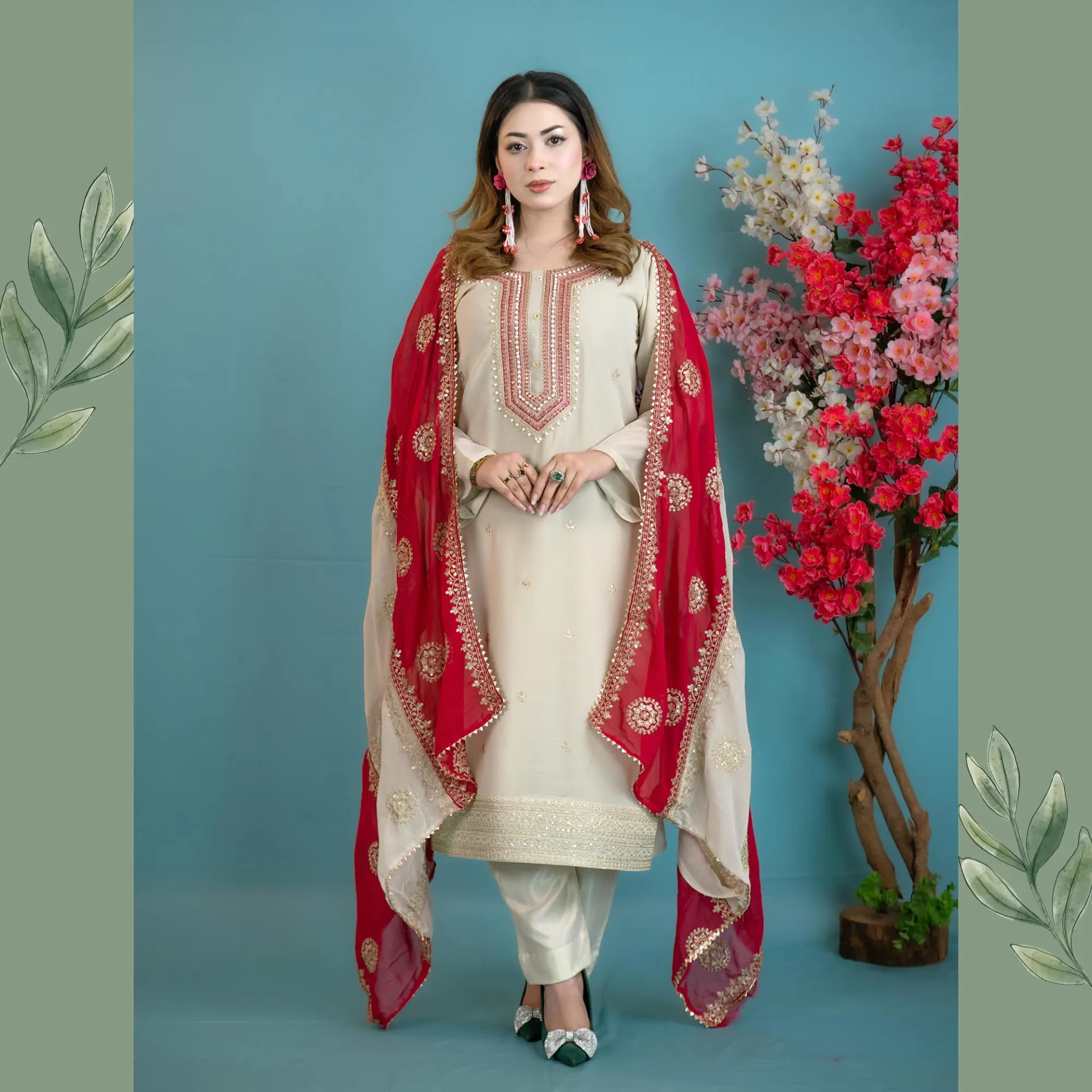 Beige Embroidered Moti Work Salwar Kameez C-11343 – Stitching Available