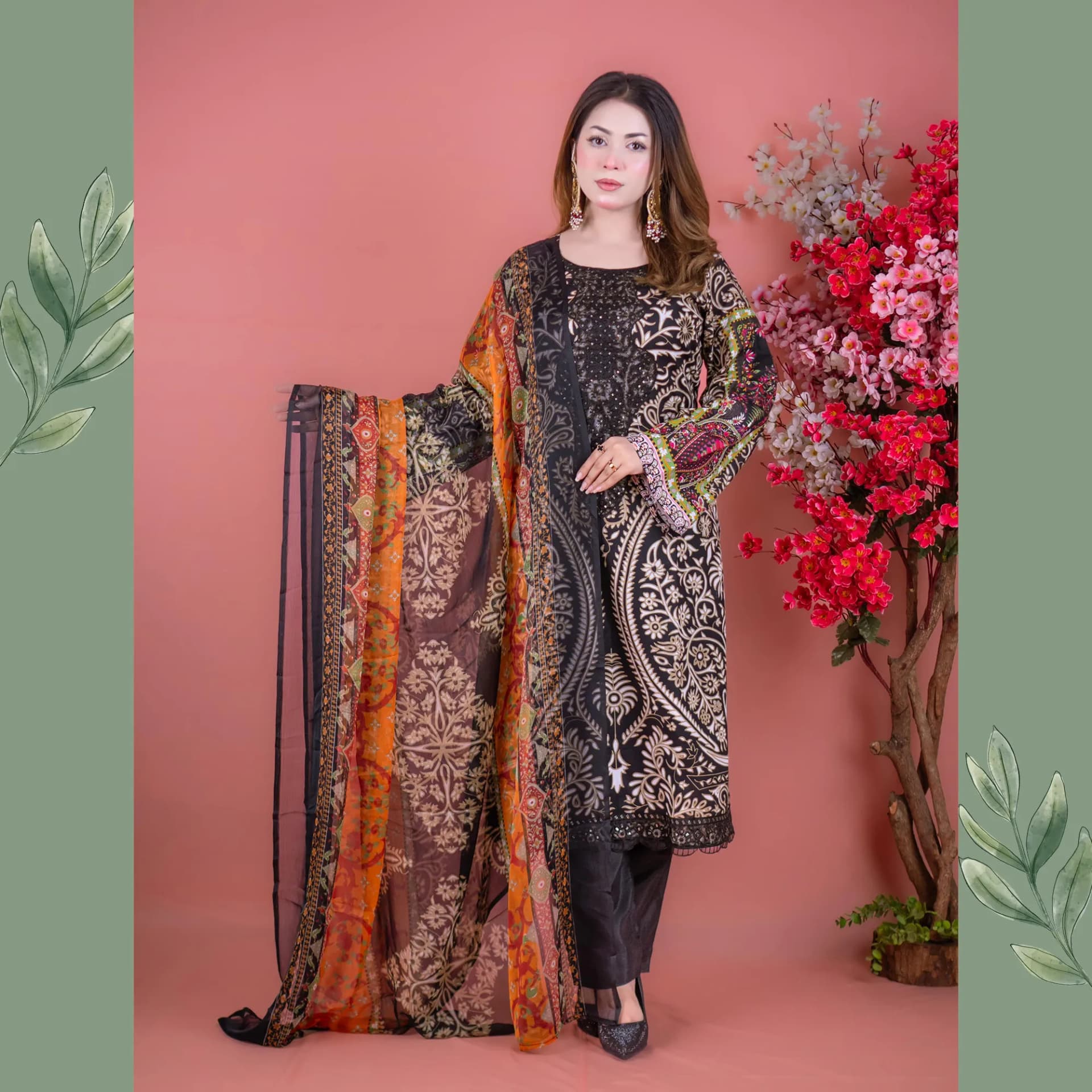 Black Embroidered Printed Cotton Salwar Kameez C-11258 – Stitching Available