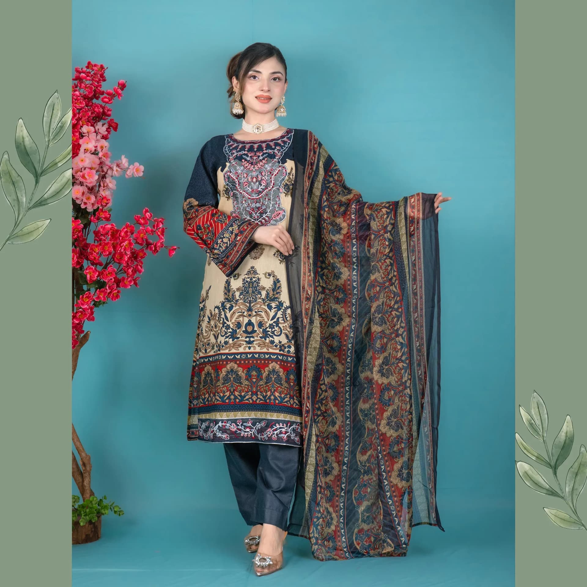 Beige Blue Embroidered Printed Cotton Salwar Kameez C-11225 – Stitching Available