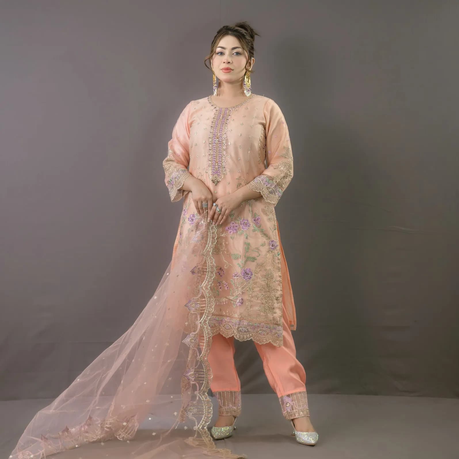 Peach Embroidered Organza Salwar Kameez C-11669 – Ready To Wear
