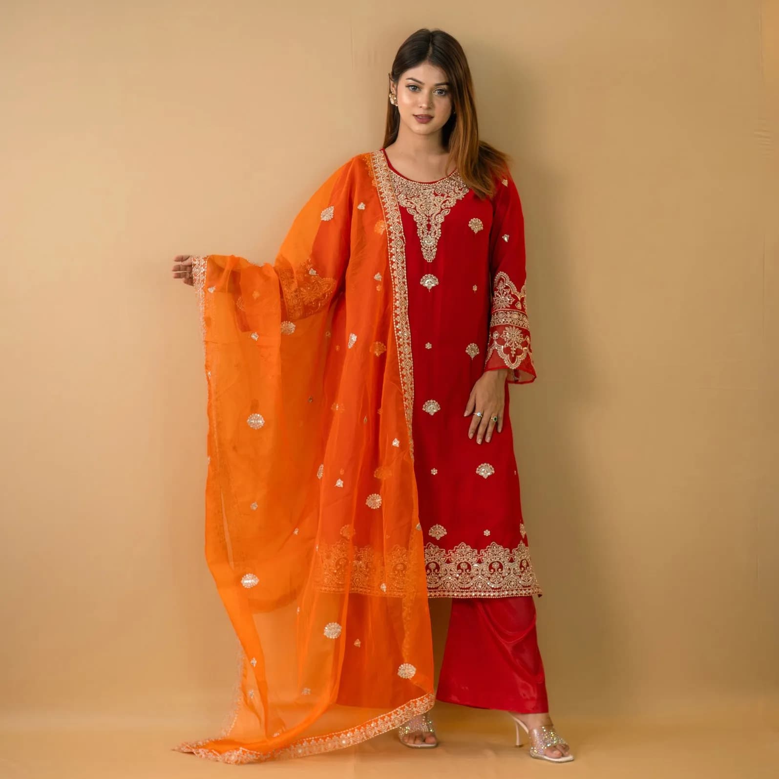 Red Orange Embroidered Georgette Salwar Kameez C-11677 – Stitching Available