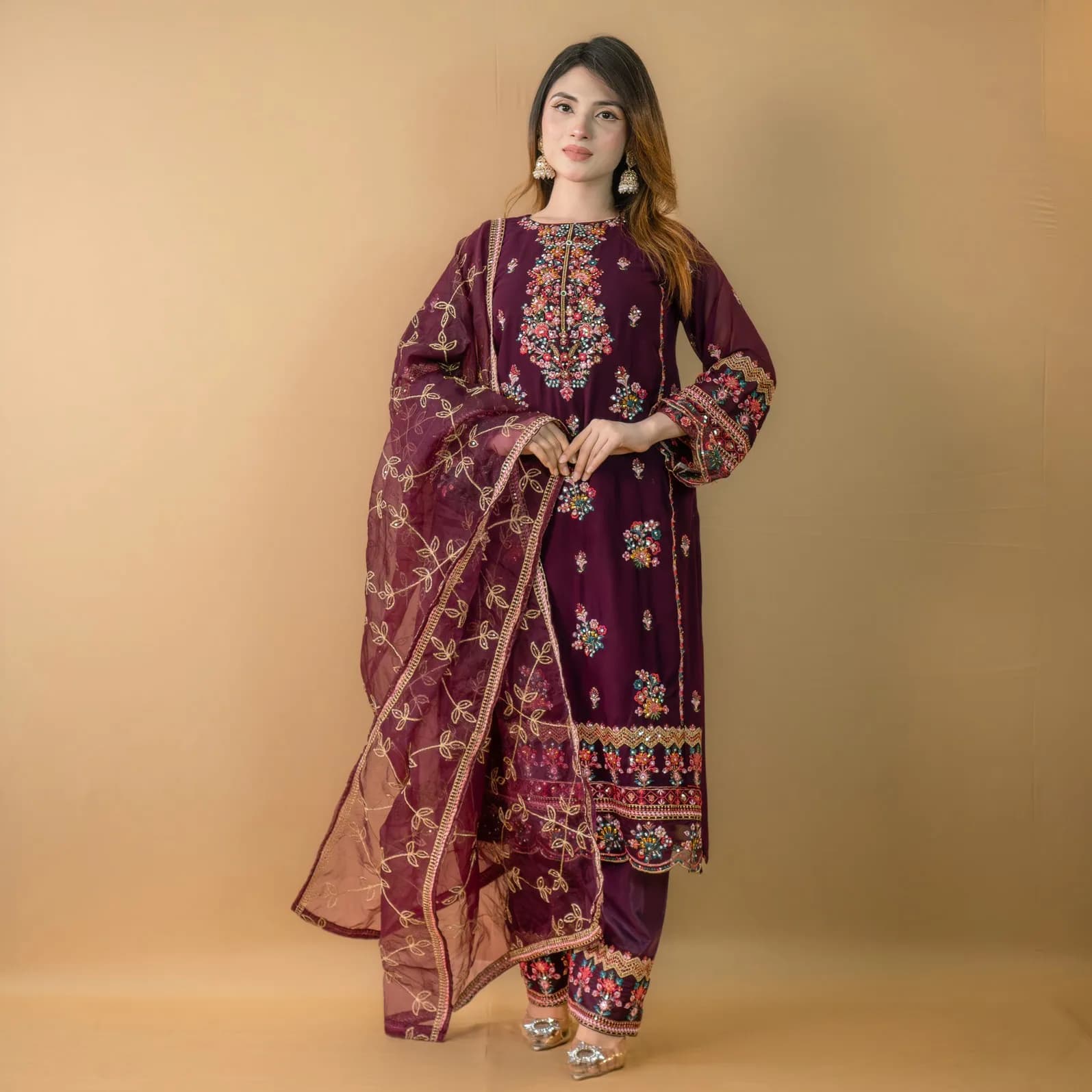 Wine Embroidered Georgette Organza Salwar Kameez C-11692 – Stitching Available