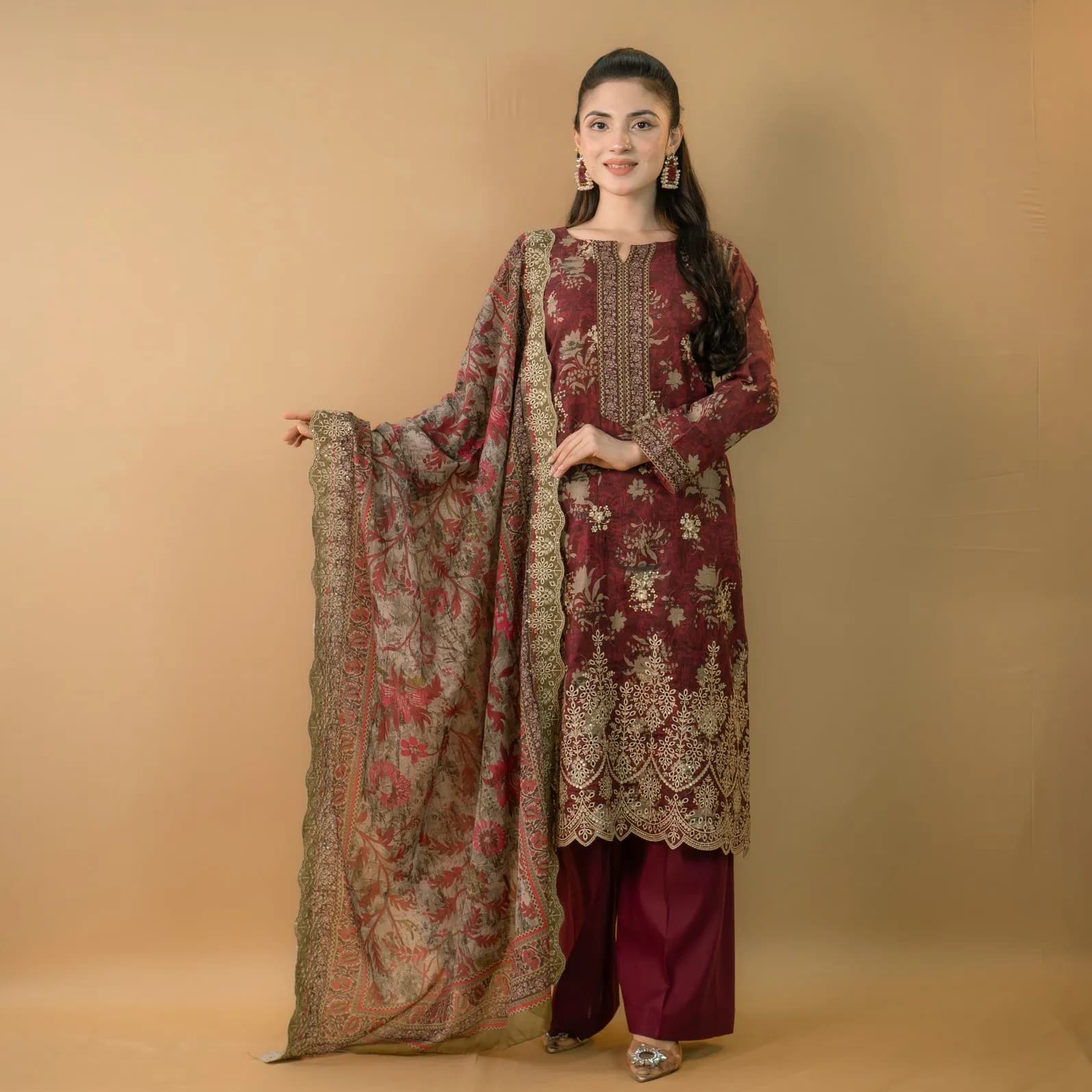Maroon Embroidered Printed Salwar Kameez Suit C-11704 – Stitching Available