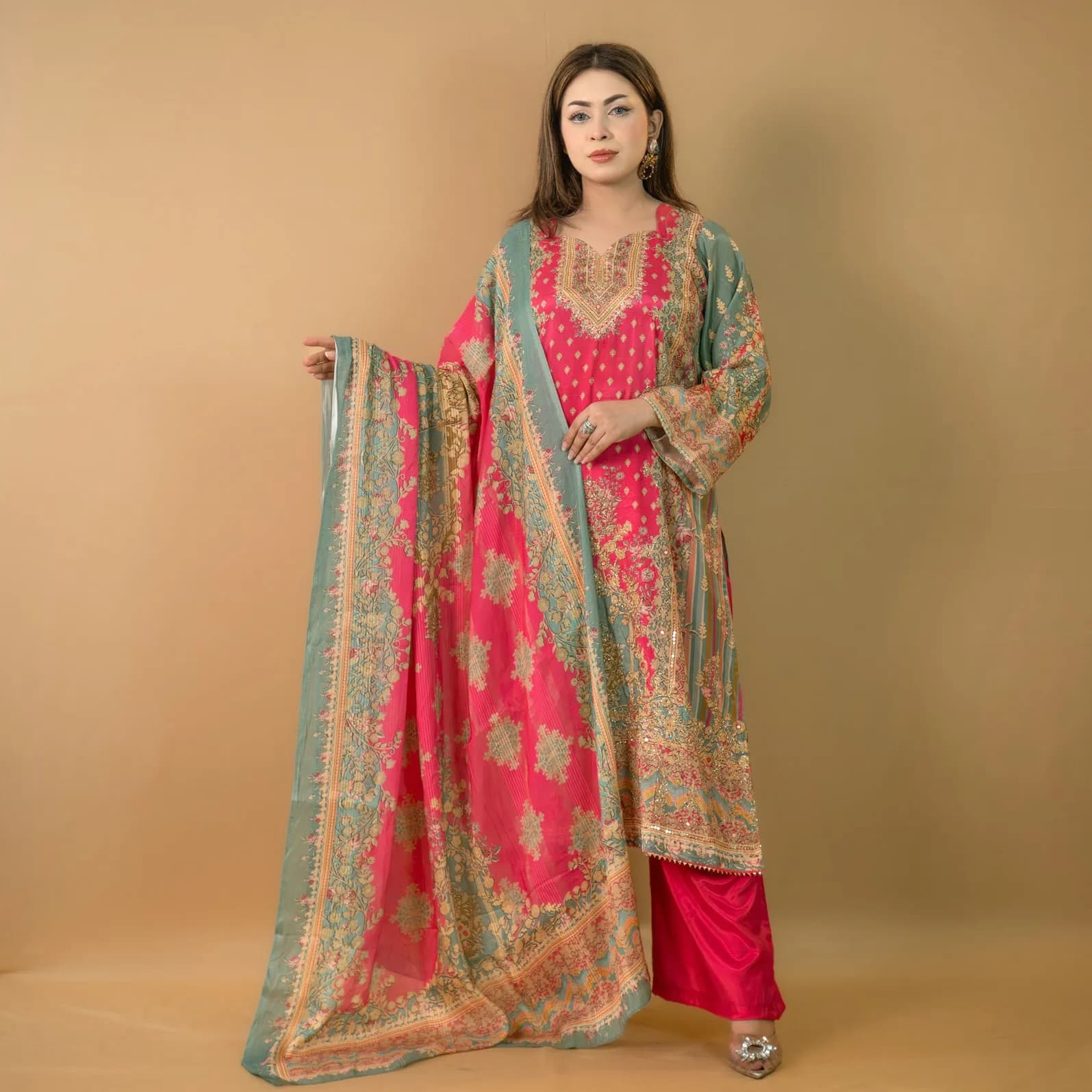 Magenta Embroidered Printed Silk Salwar Kameez C-9534 – Stitching Available