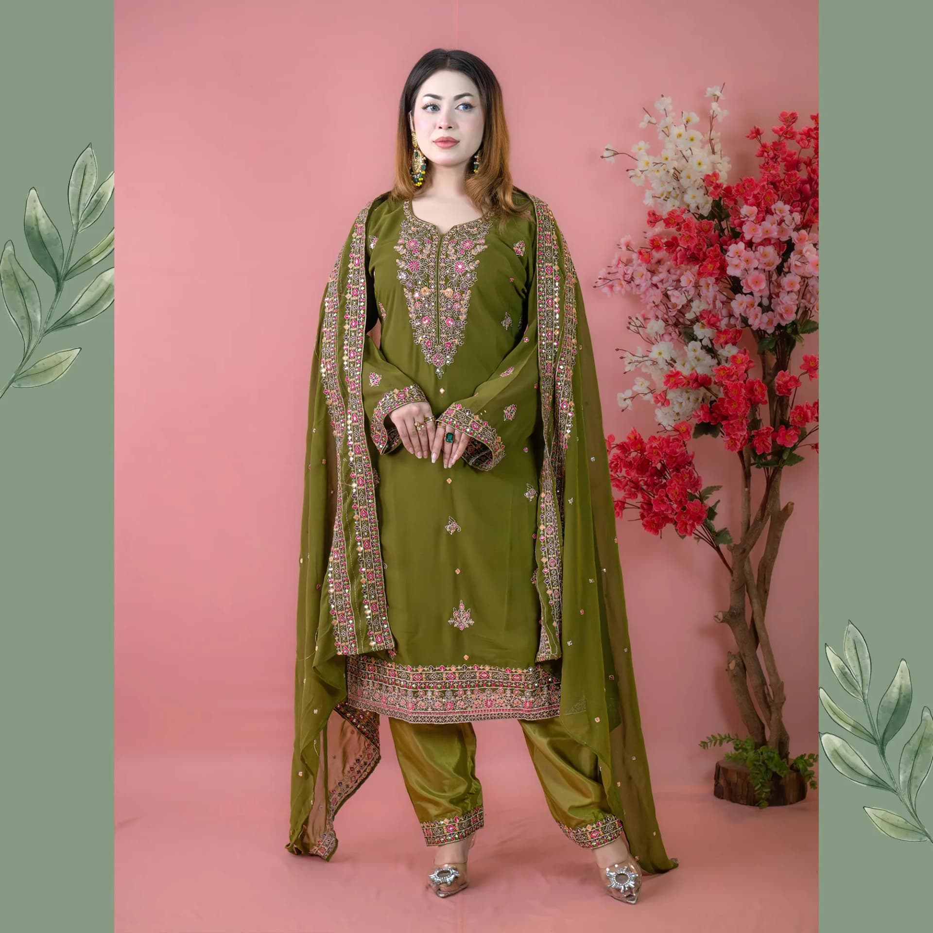 Mehndi Green Embroidered Georgette Salwar Kameez C-11478 – Stitching Available