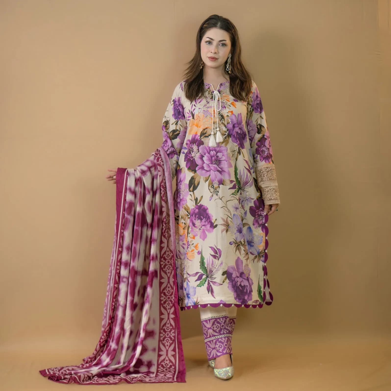 Beige Purple Embroidered Printed Cotton Salwar Kameez C-11852 – Stitching Available