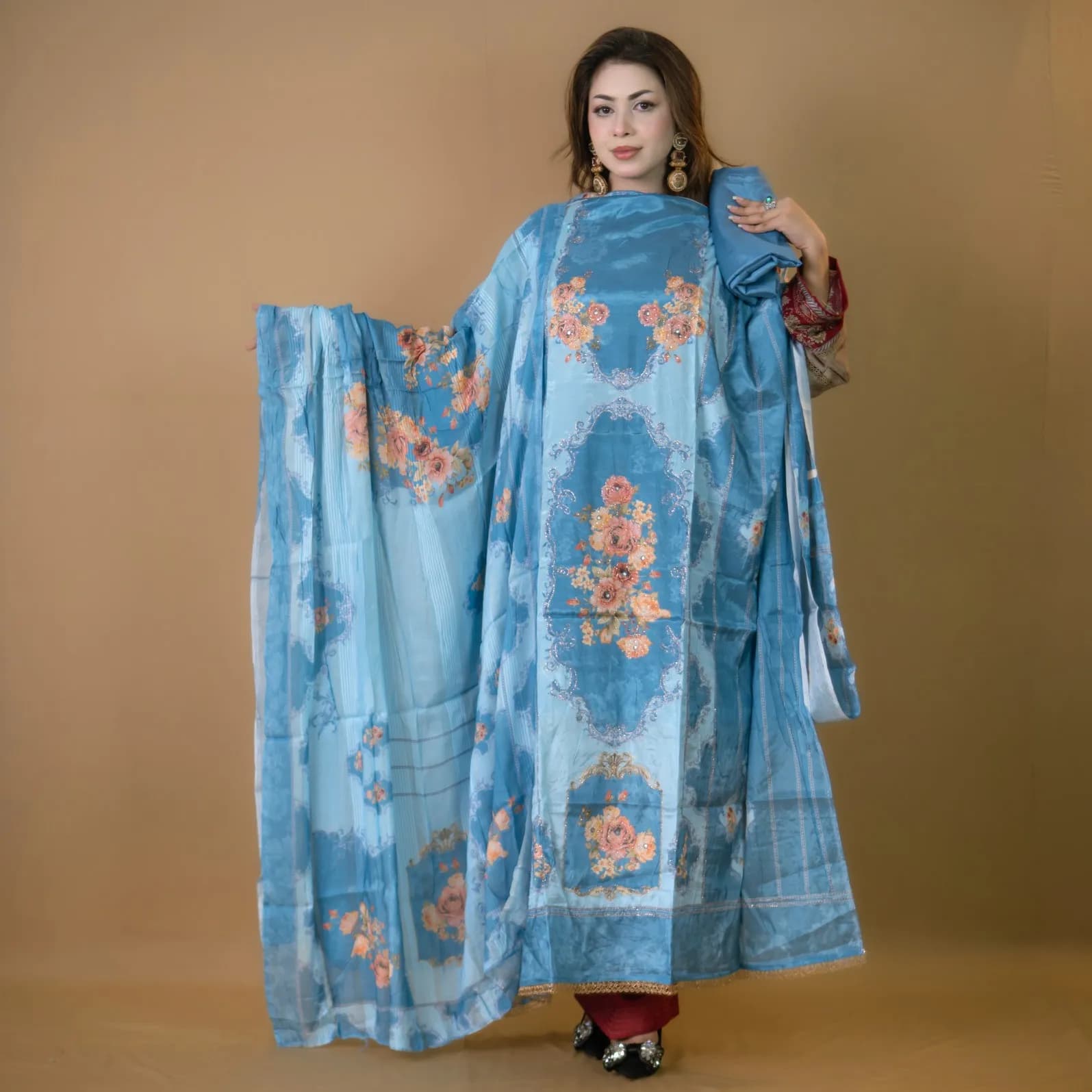 Sky Blue Unstitch Embroidered Printed Silk Salwar Kameez C-11873 