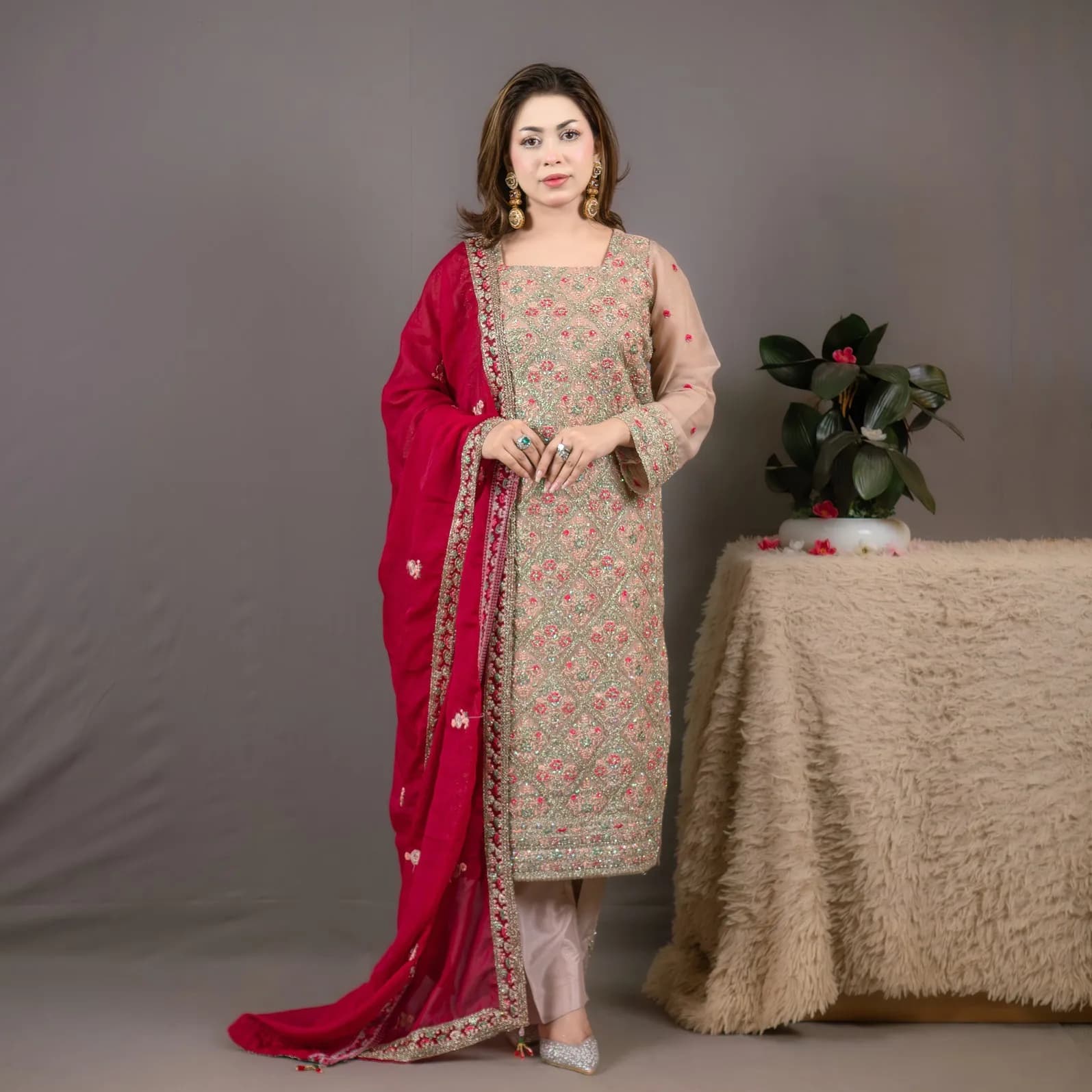 Red Beige Glitter Embroidered Chiffon Salwar Kameez C-11916 – Stitching Available