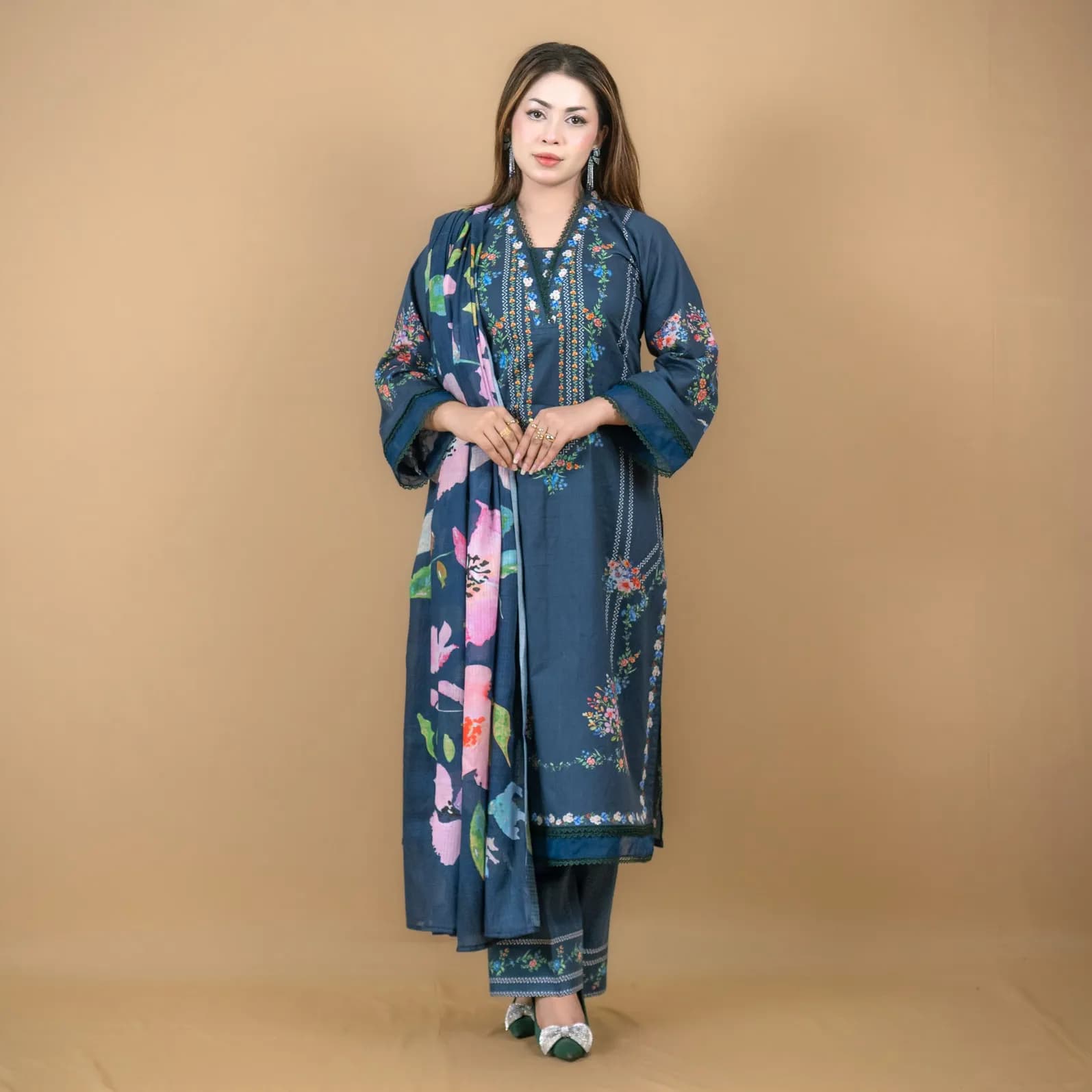 Navy Blue Printed Lawn Salwar Kameez C-11943 – Stitching Available