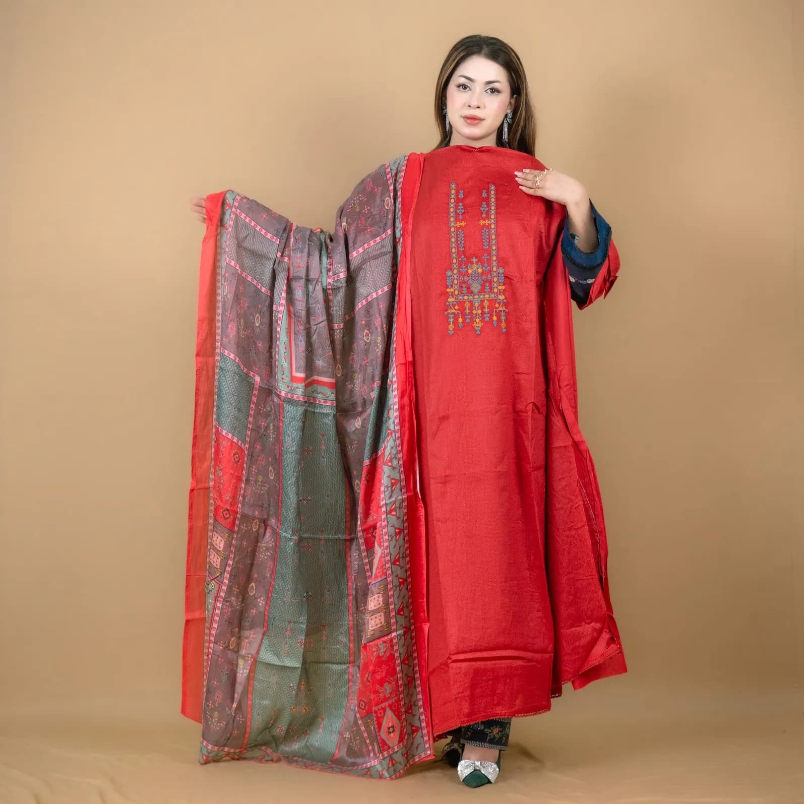 Rich Red Unstitch Embroidered Printed Cotton Silk Blend Salwar Kameez C-11971 