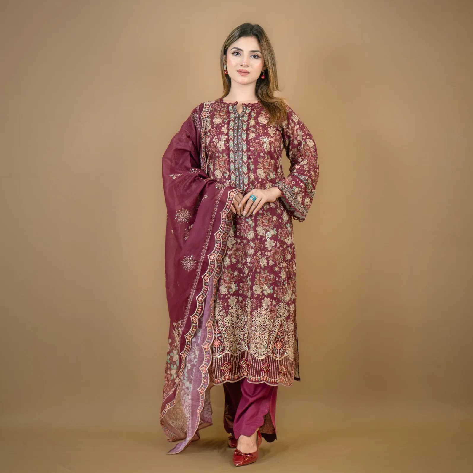 Purple Embroidered Printed Cotton Salwar Kameez C-12004 – Stitching Available