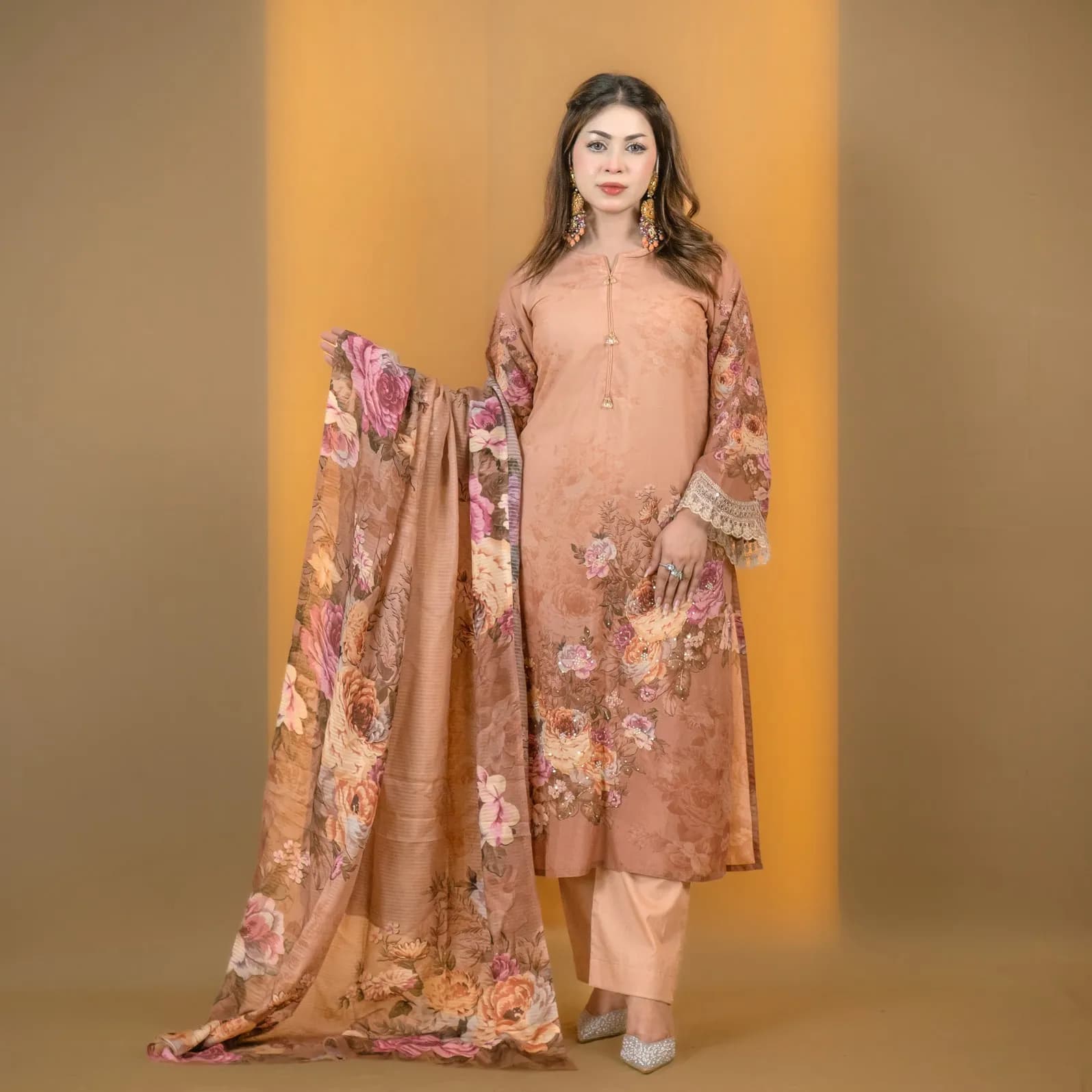 Dusty Peach Embroidered Printed Silk Salwar Kameez C-12001 – Stitching Available