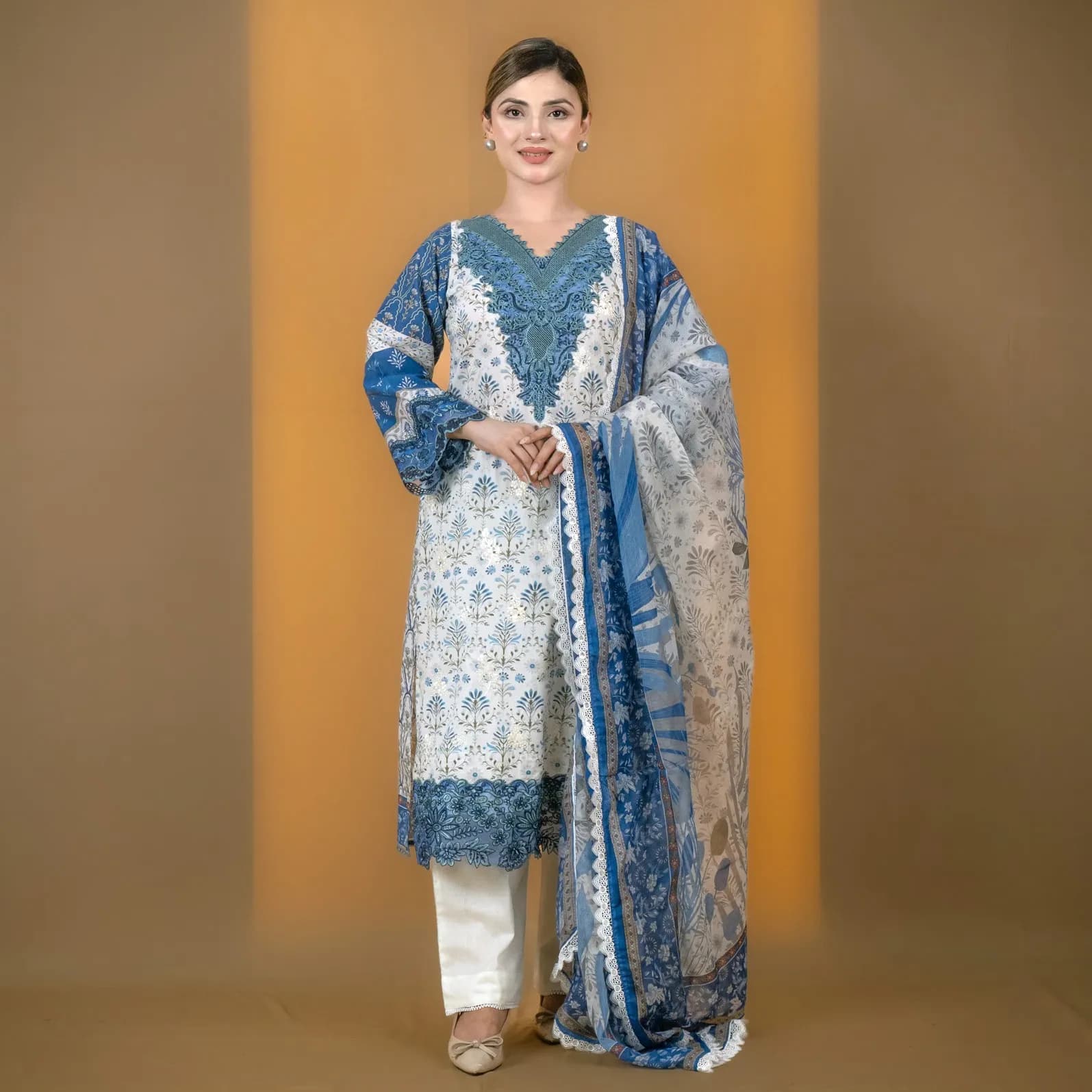 White Embroidered Printed Cotton Salwar Kameez C-11989 – Stitching Available