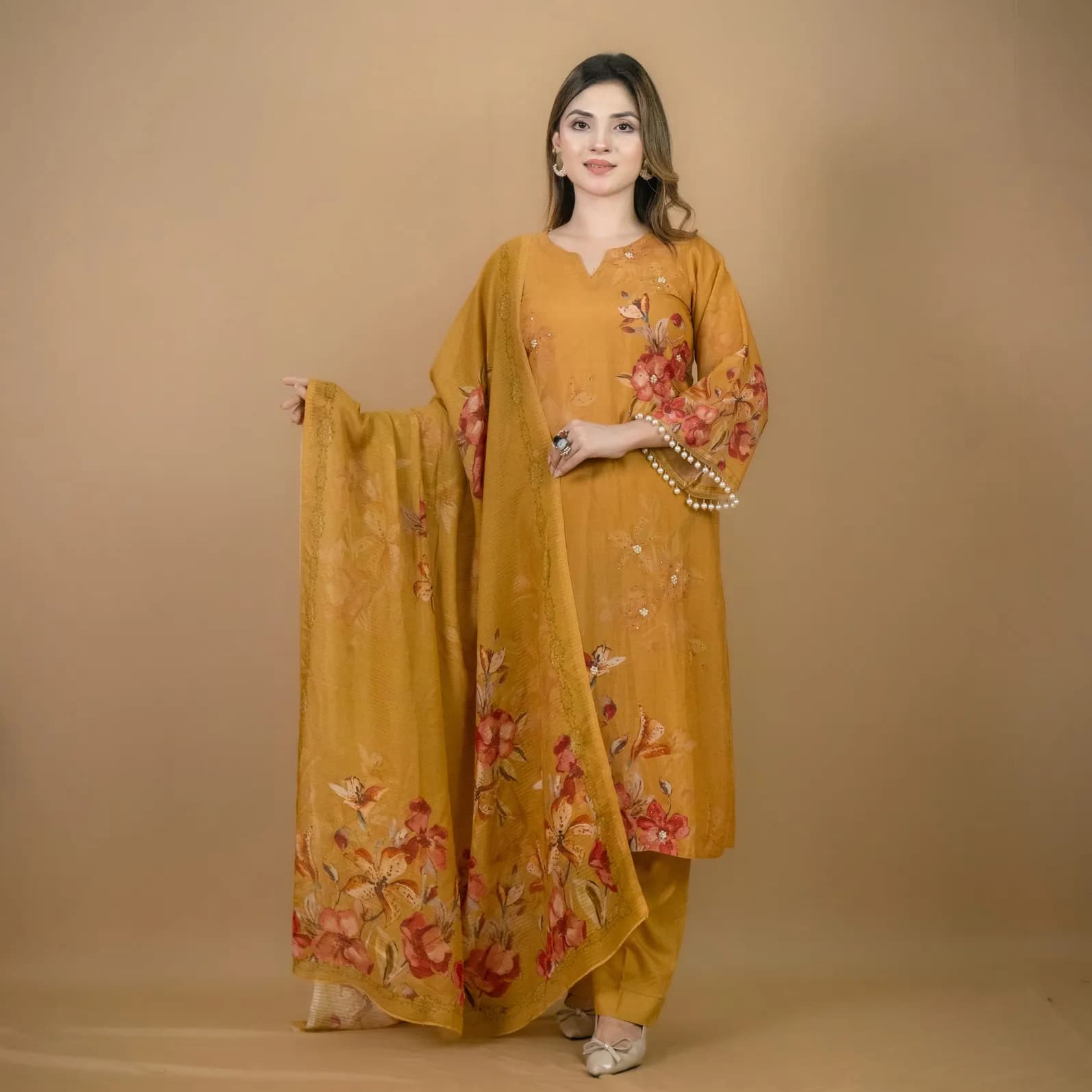 Mustard Embroidered Printed Silk Salwar Kameez C-12008 – Stitching Available