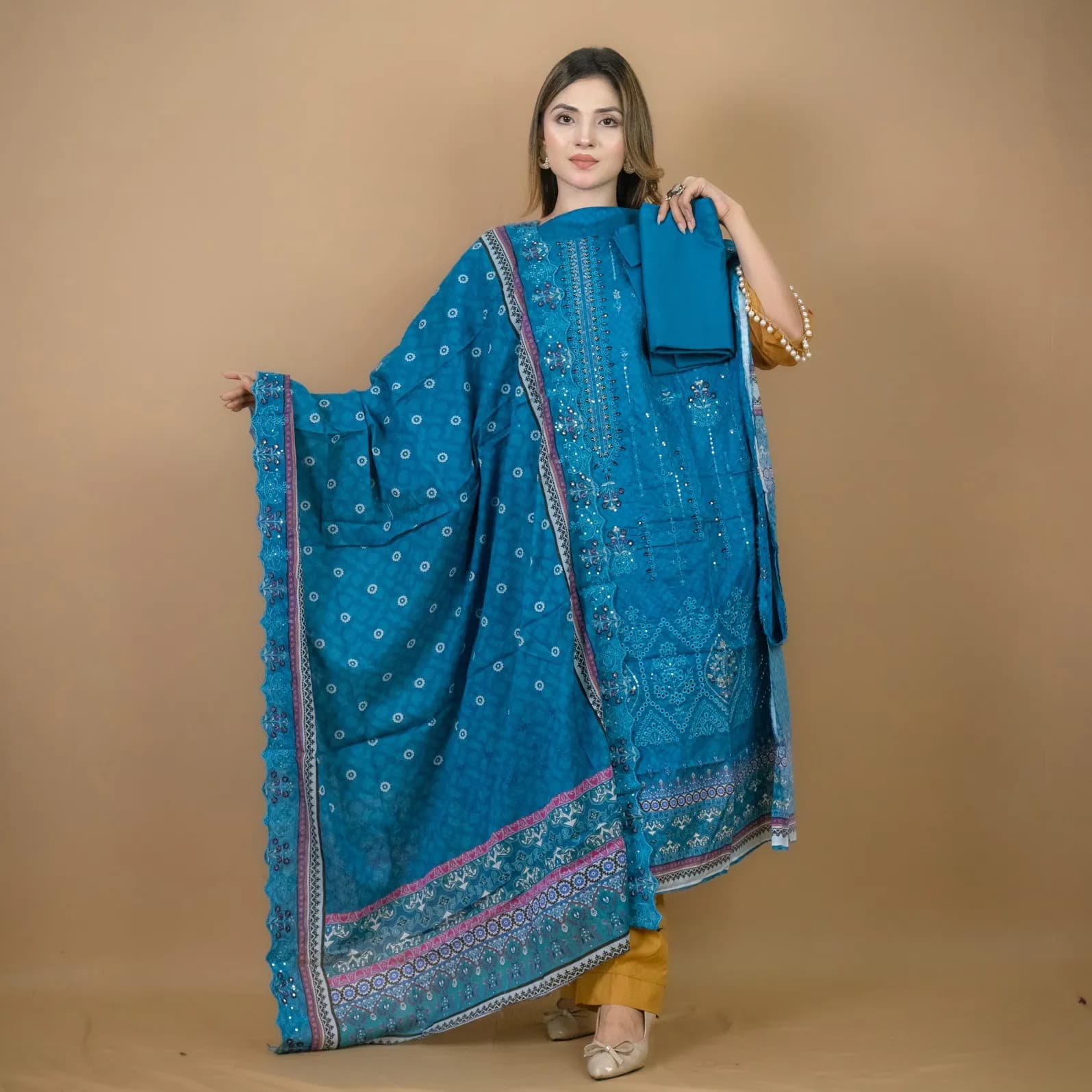 Teal Embroidered Printed Lawn Salwar Kameez (Stitched/Unstitched) – C-12053 