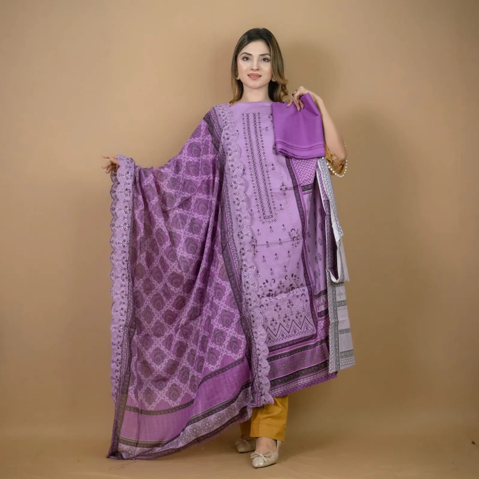 Purple Embroidered Printed Lawn Salwar Kameez (Unstitched) – C-12057