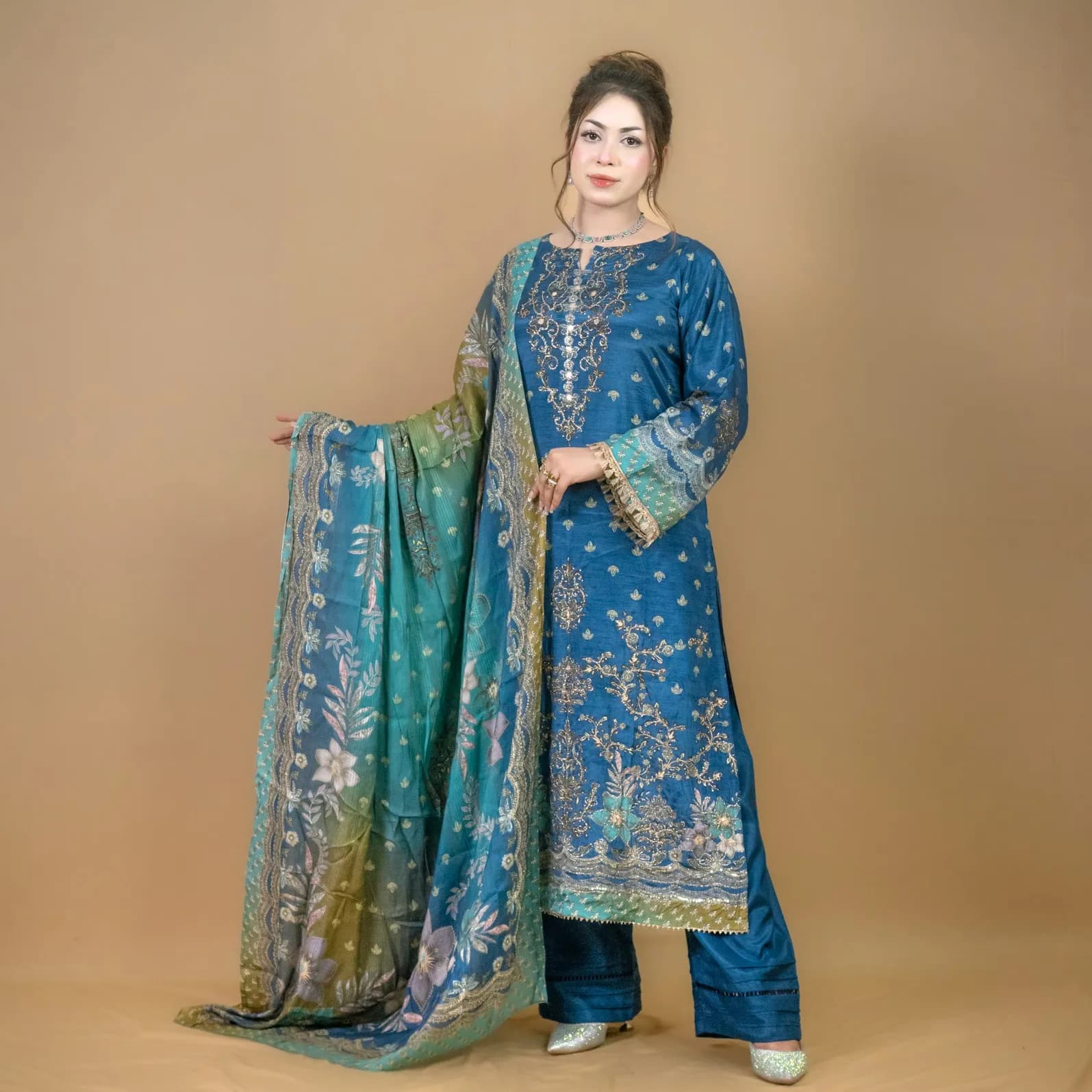 Blue Embroidered Printed Silk Salwar Kameez C-11206 – Stitching Available
