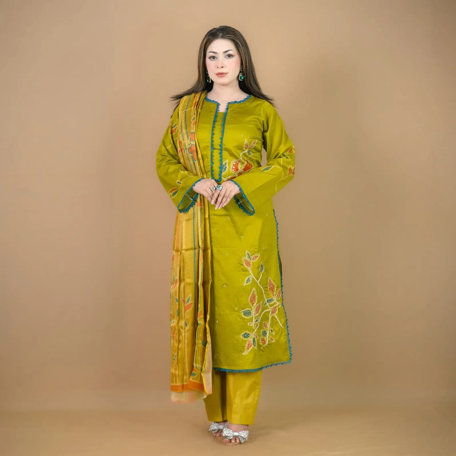 Olive Embroidered Satin Cotton Salwar Kameez | Stitching Available – C-11595