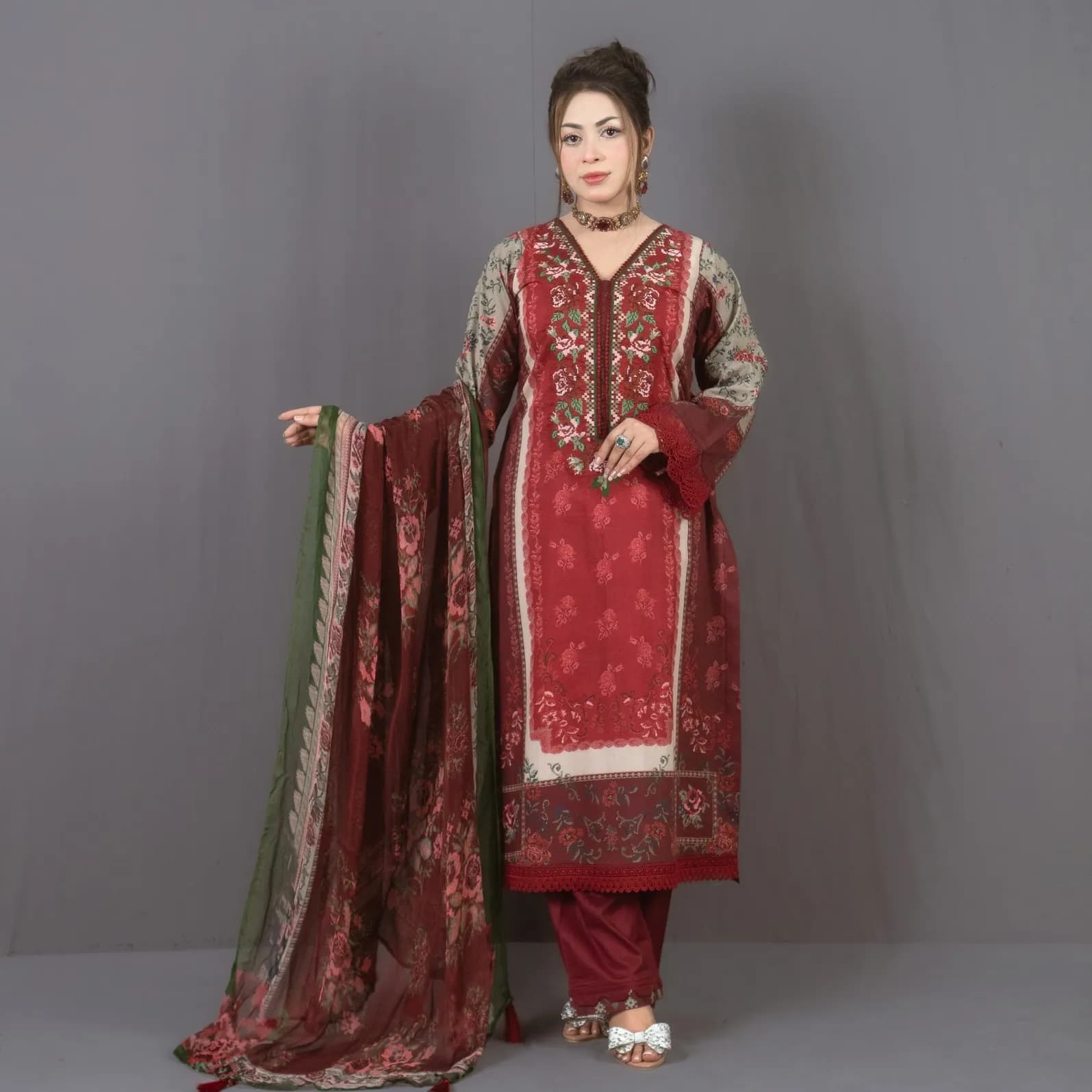 Maroon Embroidered Cotton Salwar Kameez | Stitching Available – C-12092