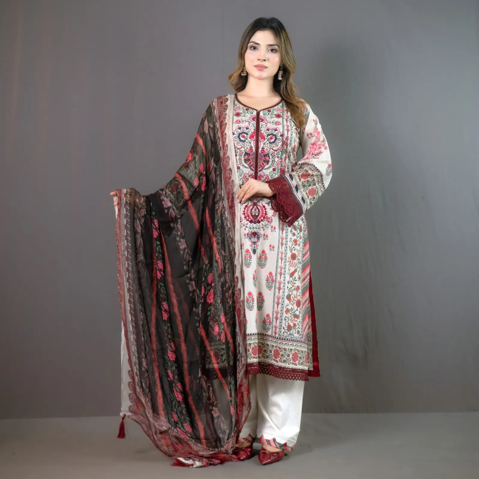 Beige Embroidered Cotton Salwar Kameez | Stitching Available – C-12099