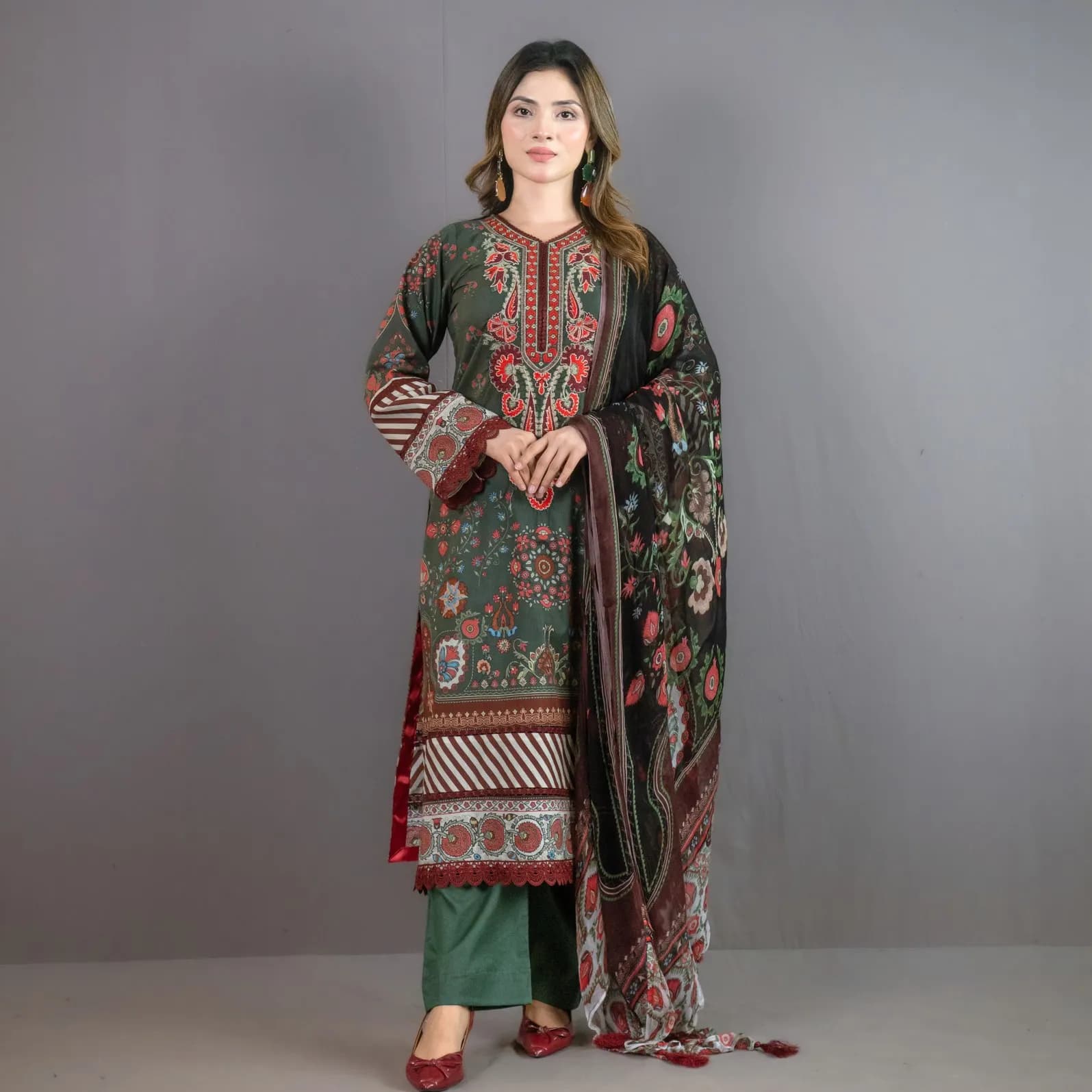 Green Embroidered Printed Cotton Salwar Kameez C-12121 – Stitching Available
