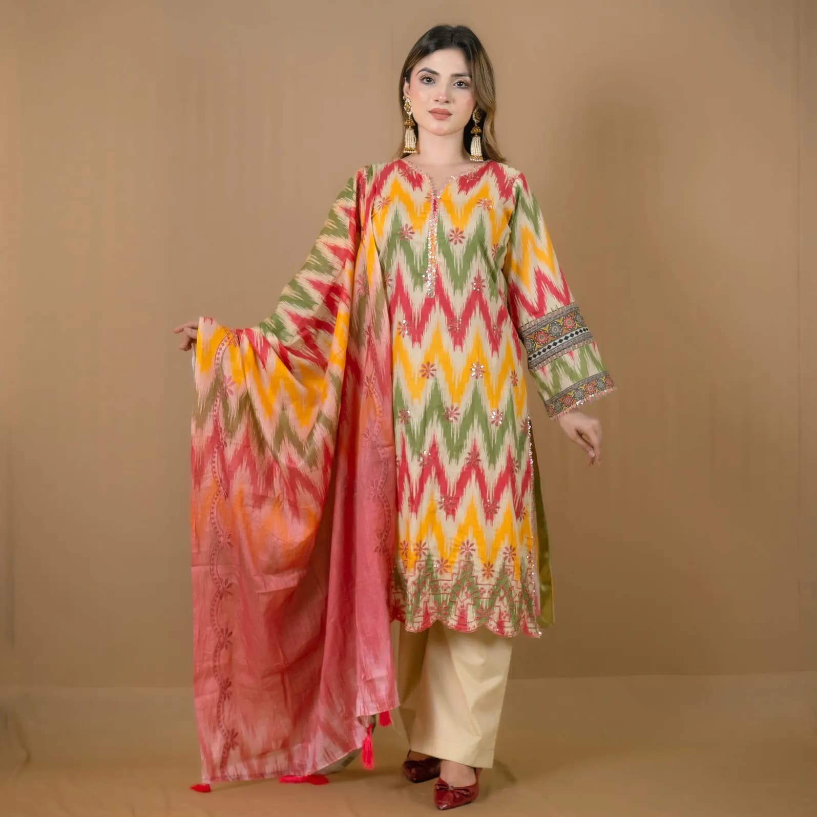 Yellow Embroidered Cotton Salwar Kameez | Stitching Available – C-12176