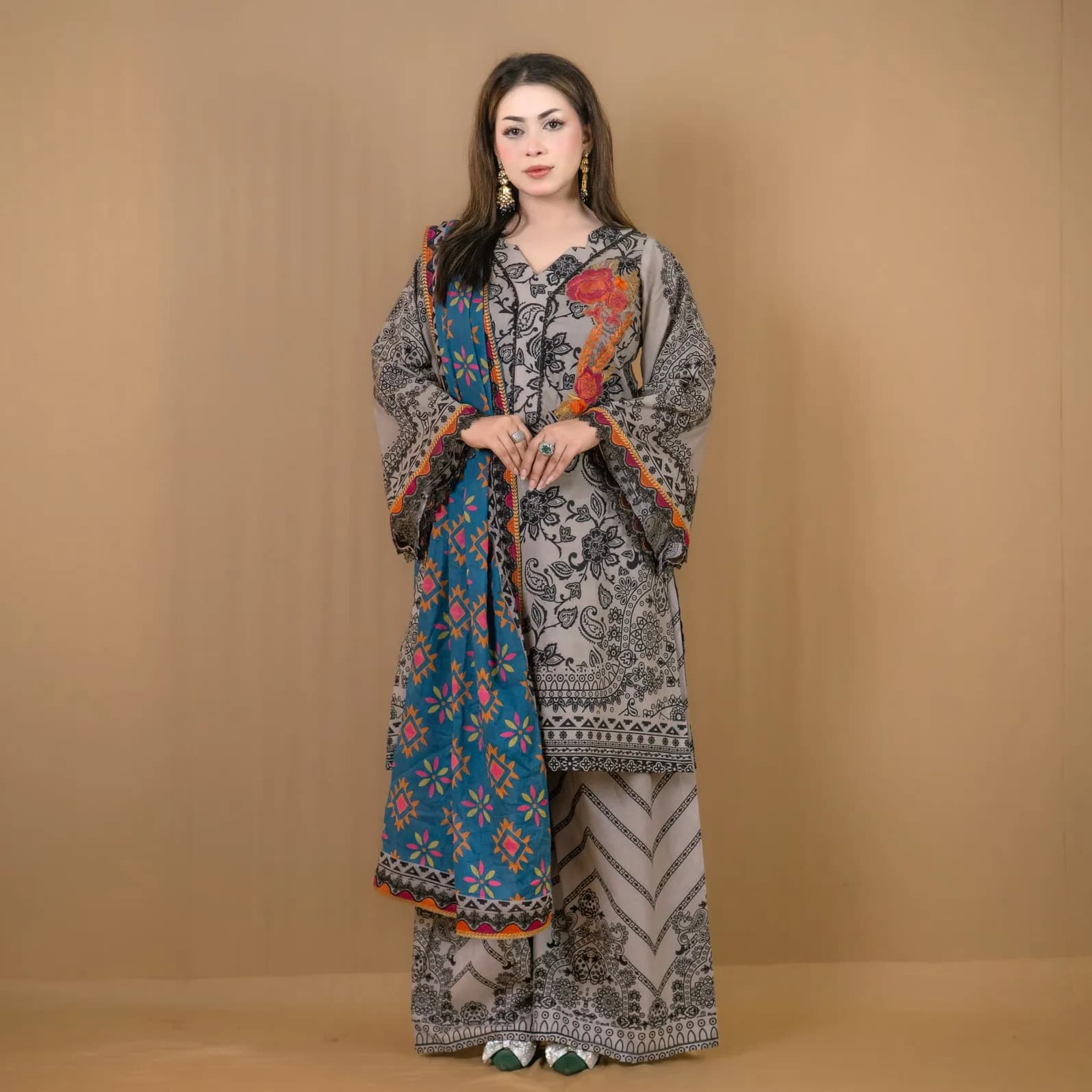 Ivory Embroidered Printed Cotton Salwar Kameez  C-12128 – Stitching Available