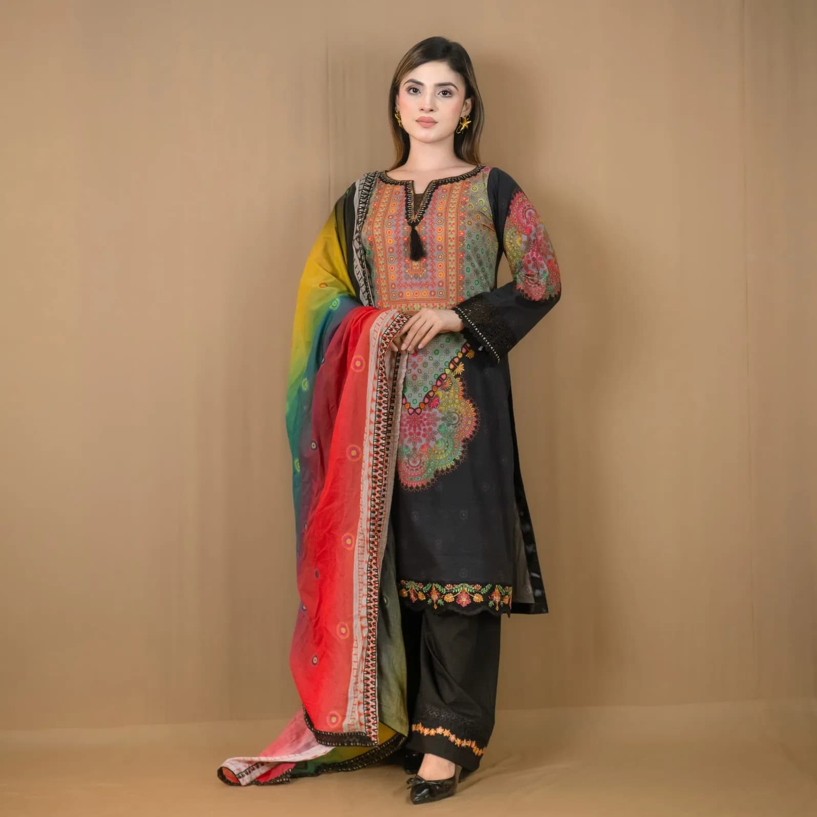 Black Embroidered Printed Cotton Salwar Kameez C-12204 – Stitching Available