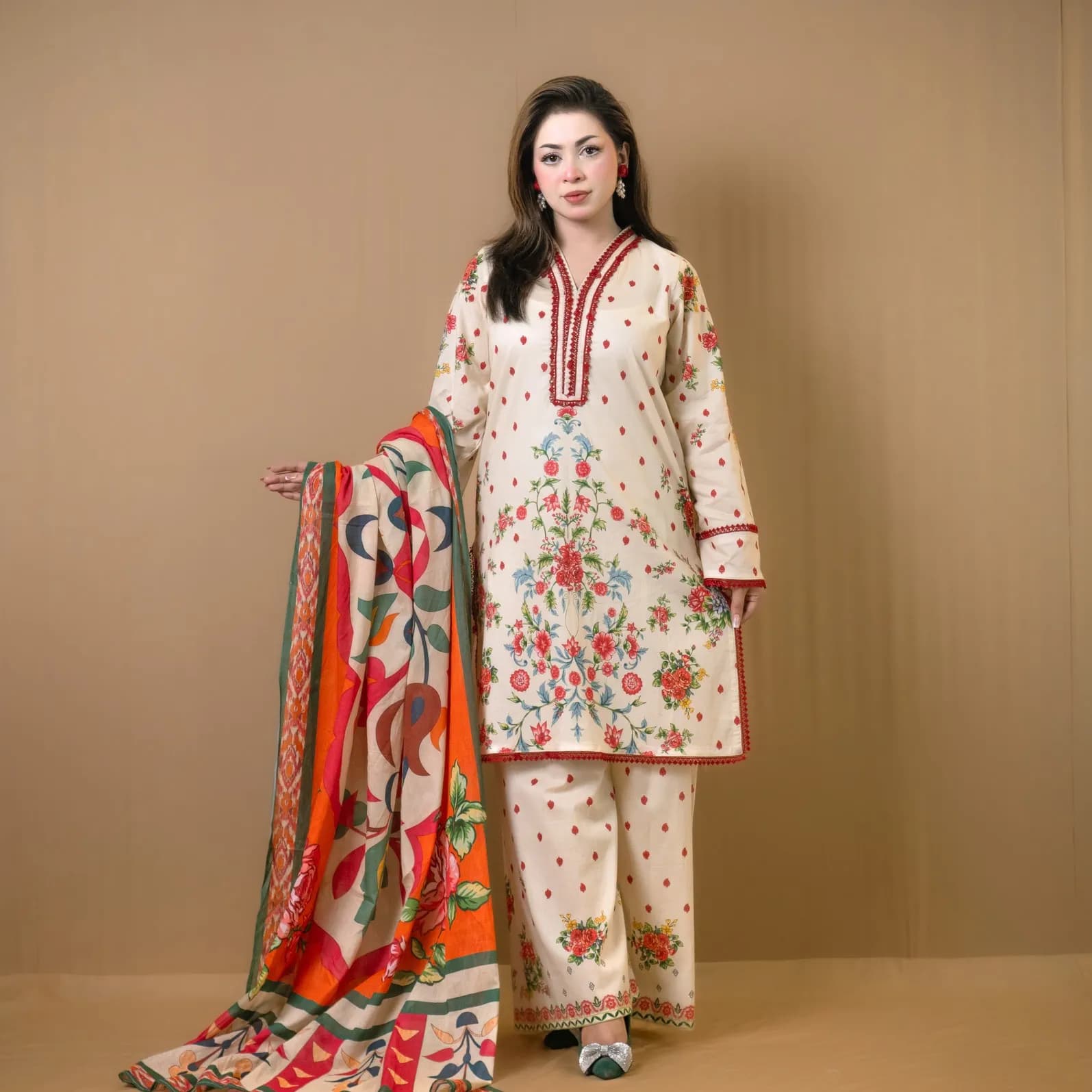 Cream White Printed Cotton Salwar Kameez C-12210 – Stitching Available
