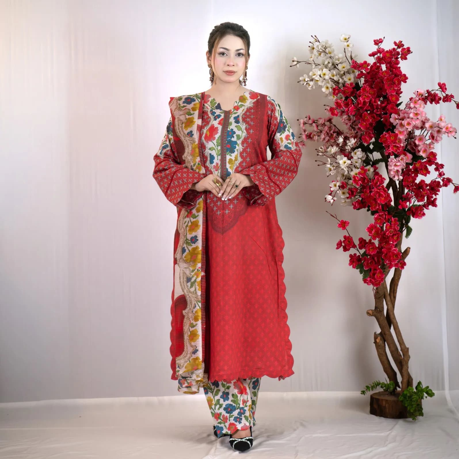 Red Printed Cotton Salwar Kameez | Stitching Available – C-12228