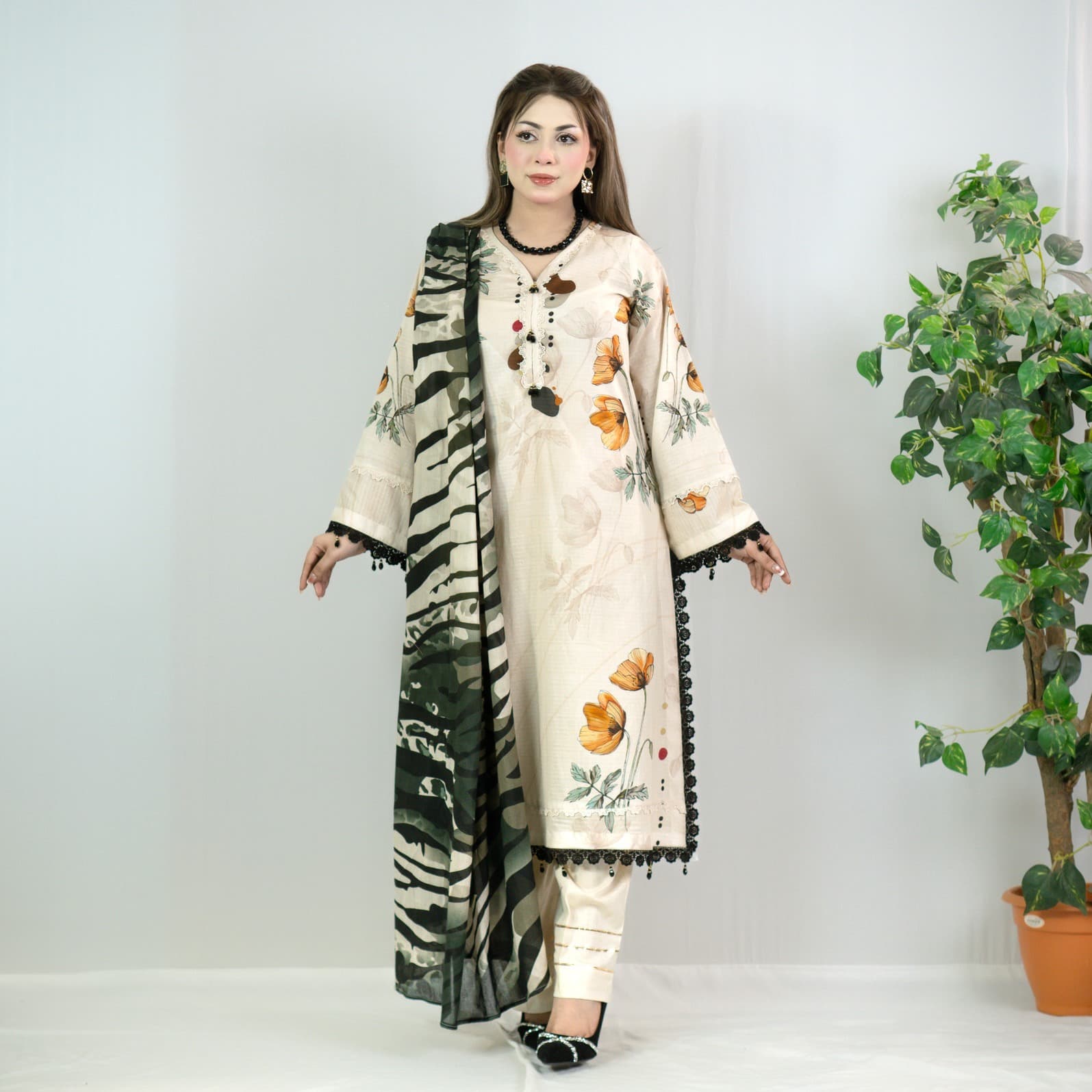 Cream Printed Cotton Salwar Kameez –C-12429 Stitching Available