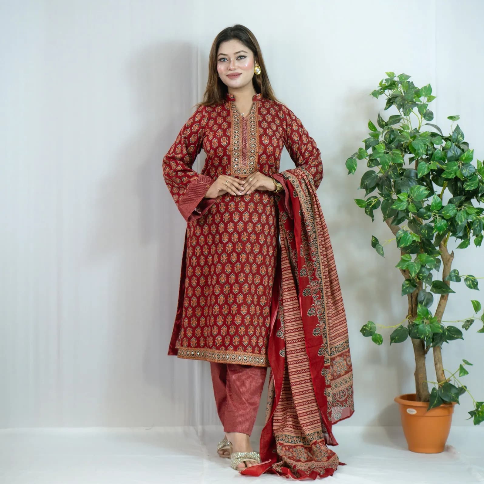 Red Printed Cotton Salwar Kameez –C-12359 Stitching Available