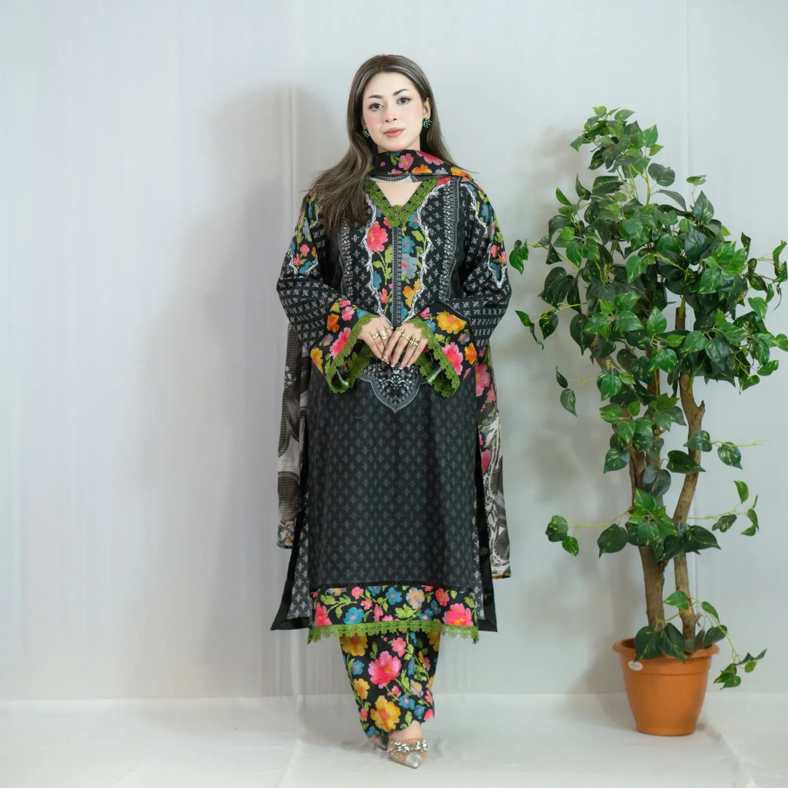 Black Printed Cotton Salwar Kameez –C-12238 Stitching Available