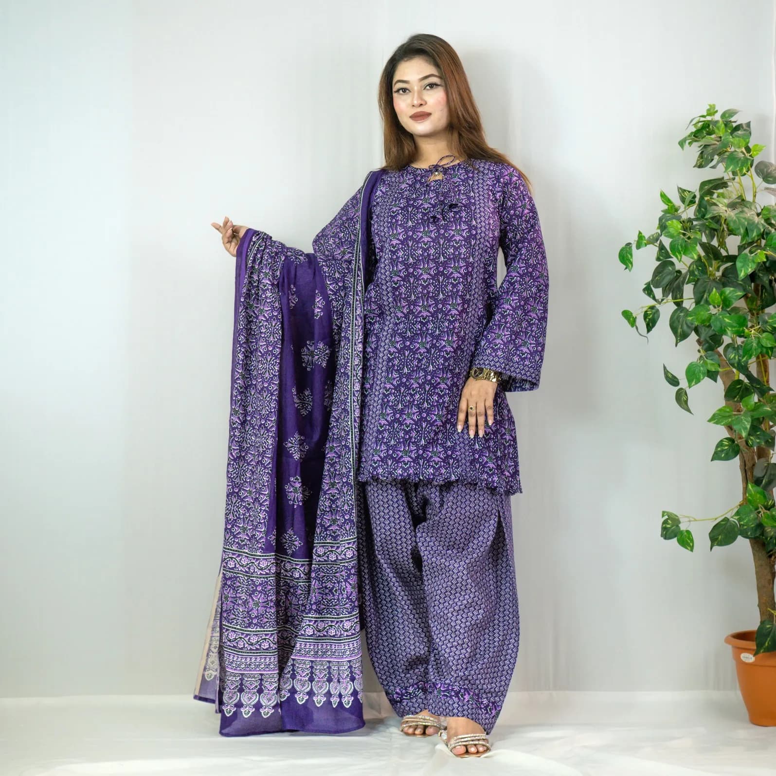 Purple Printed Fine Cotton Salwar Kameez –C-12441 Stitching Available