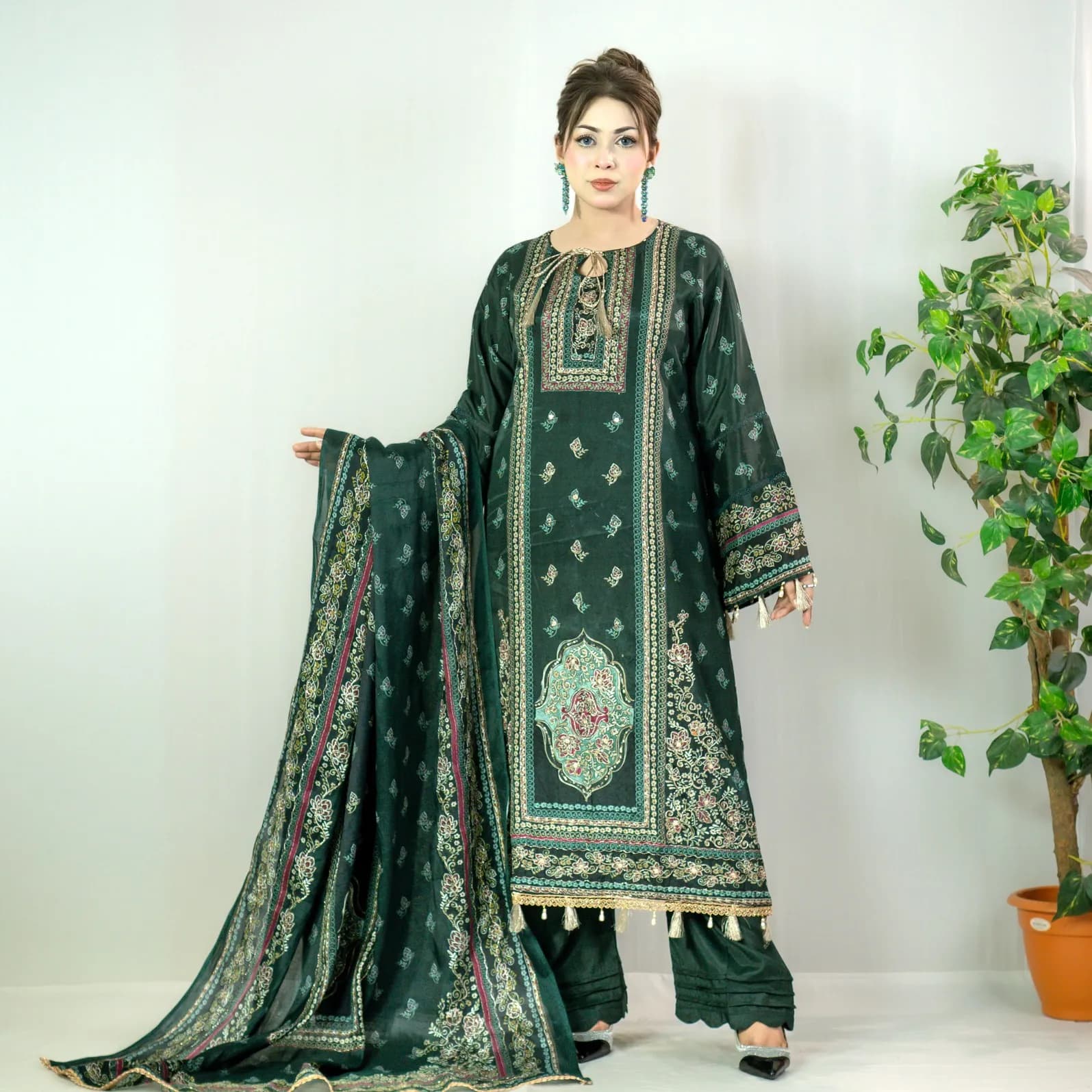 Green Printed Silk Salwar Kameez -C-12442 Stitching Available
