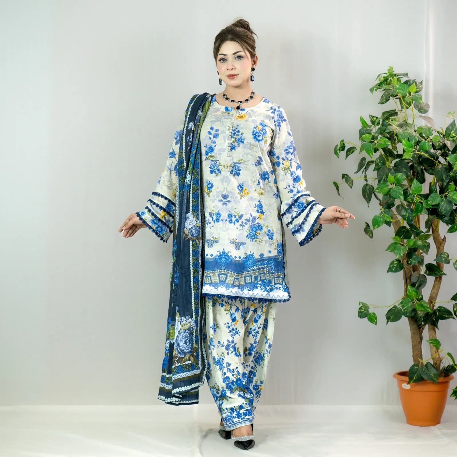 White Blue Printed Cotton Salwar Kameez –C-12454 Stitching Available