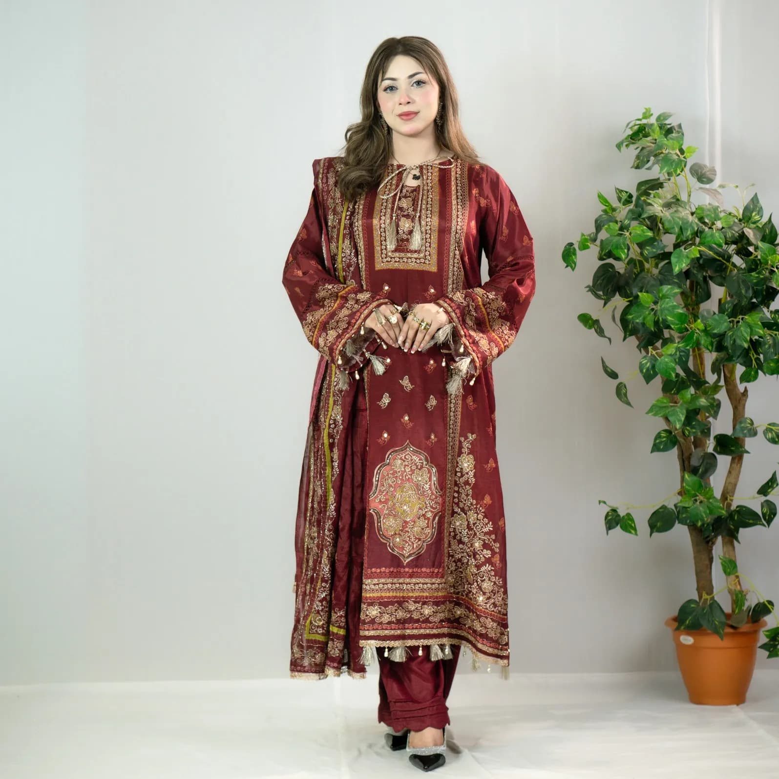 Maroon Printed Silk Salwar Kameez –C-12439 Stitching Available