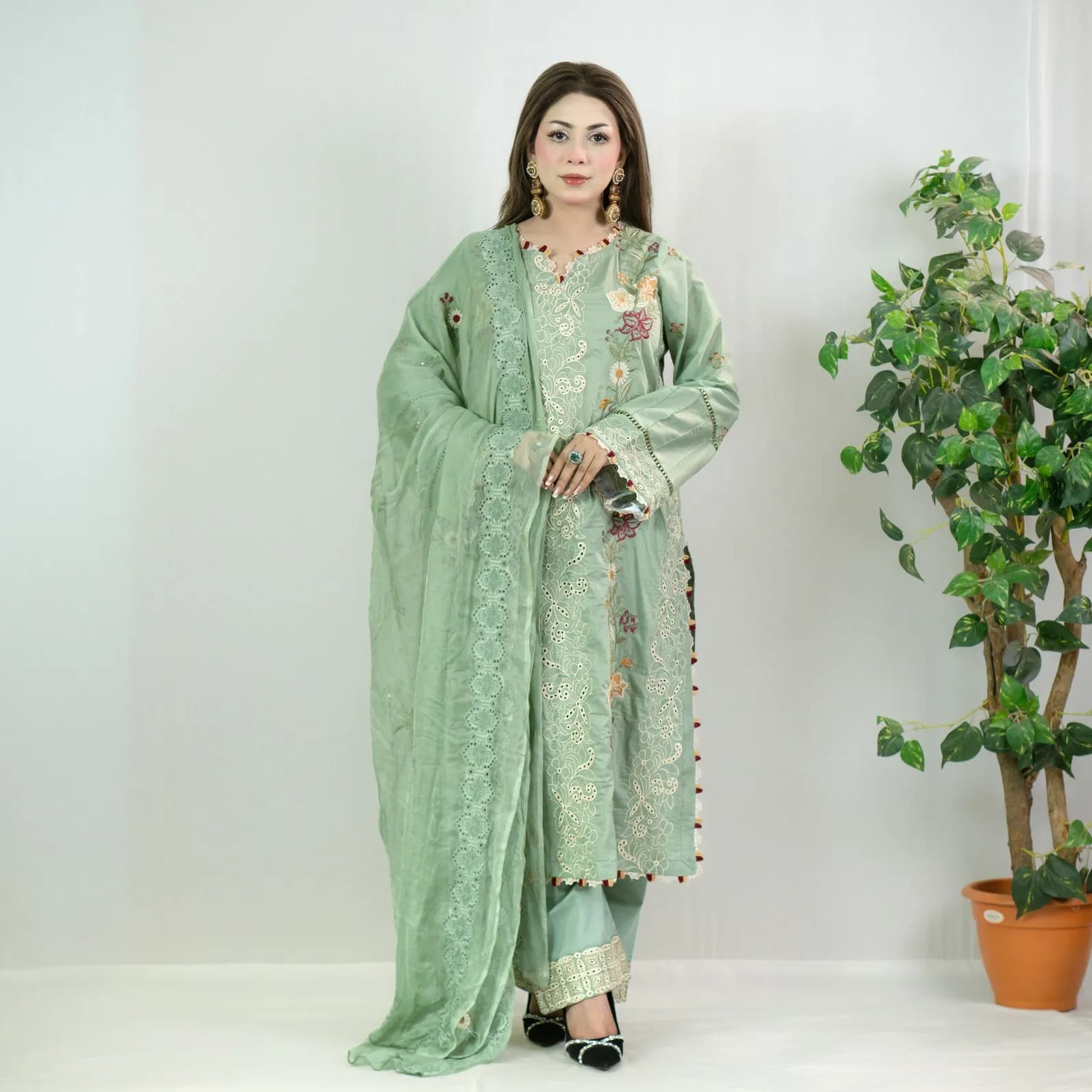 Mint Embroidered Cotton Salwar Kameez –C-12434 Stitching Available