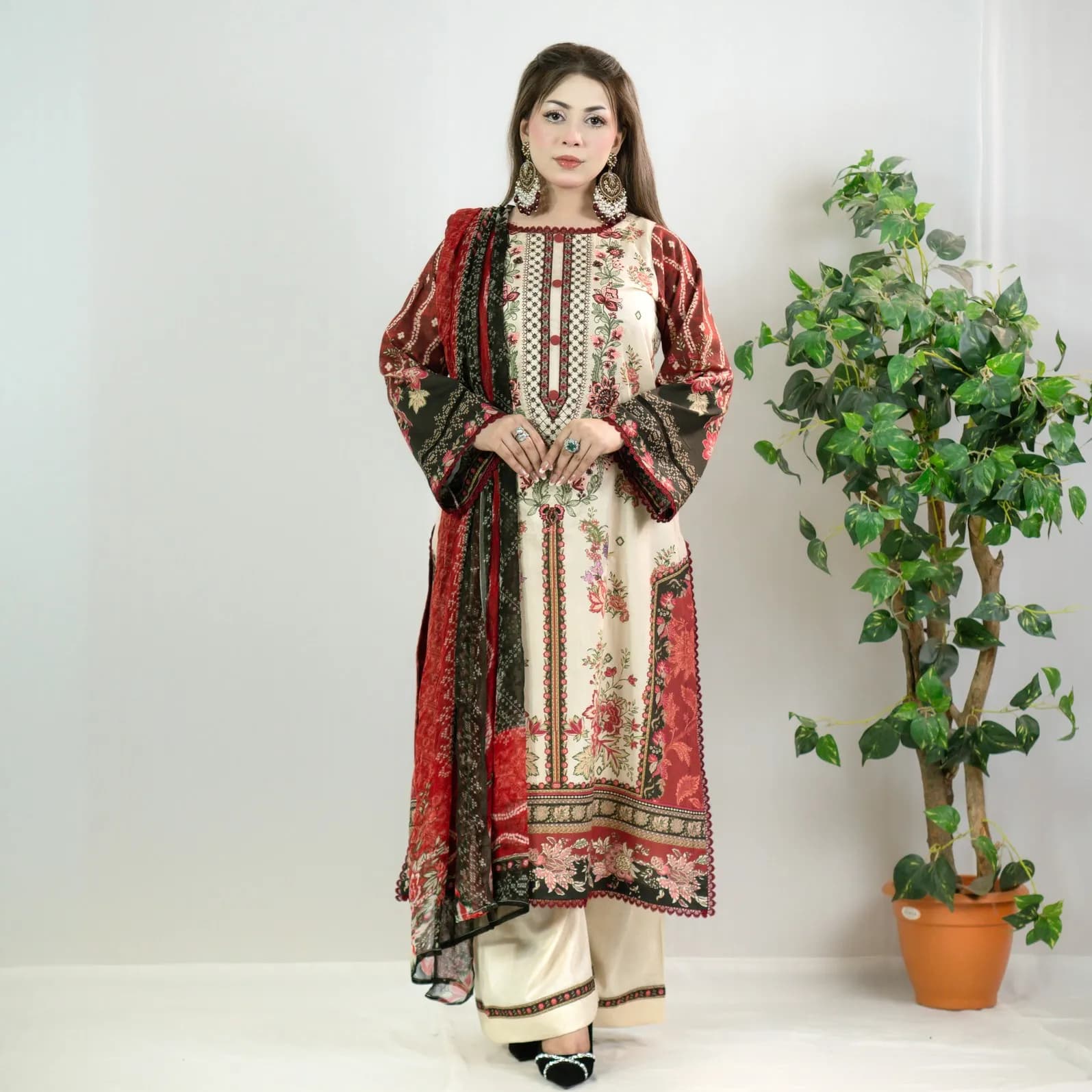 Cream Embroidered Printed Cotton Salwar Kameez –C-12129 Stitching Available