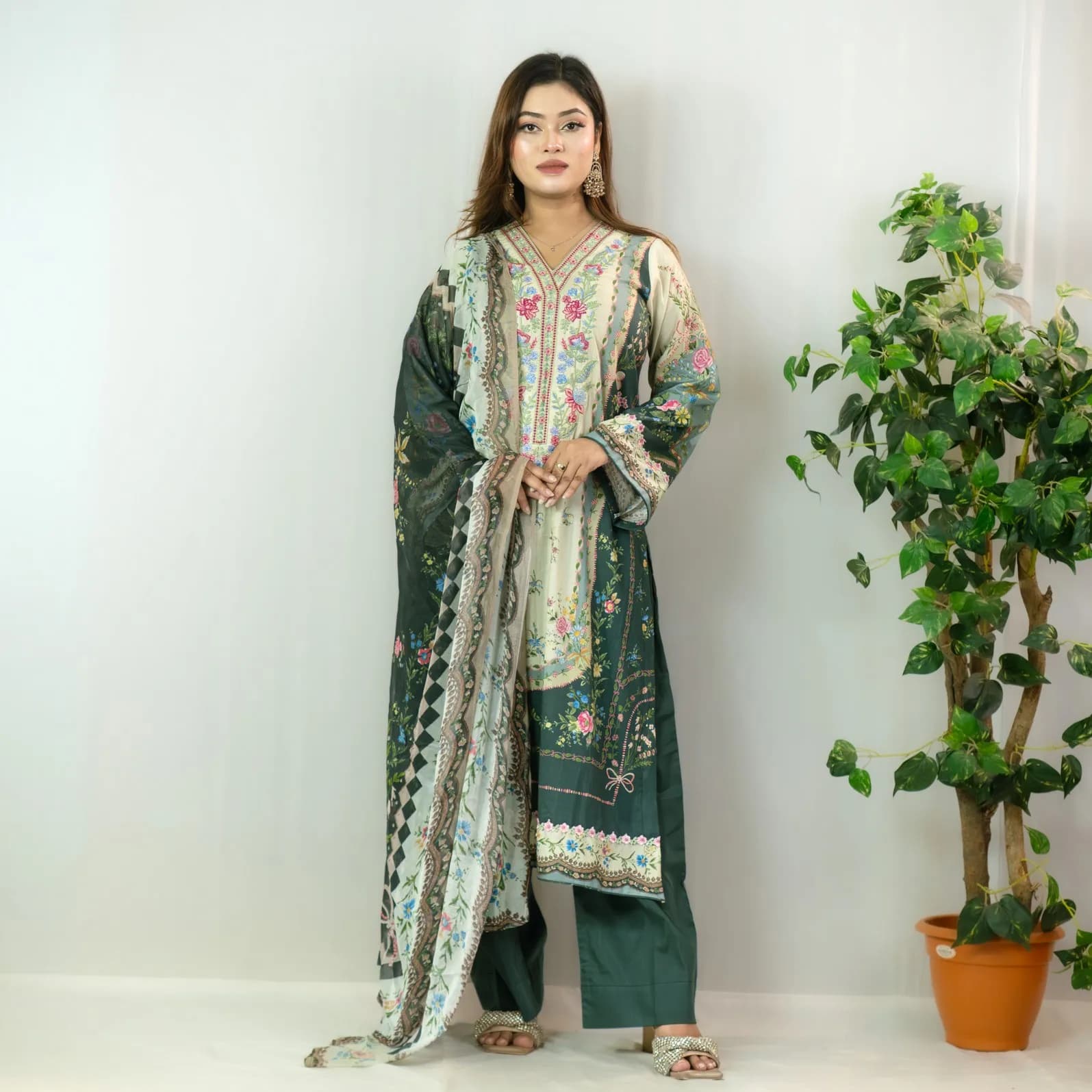 Green Printed Cotton Salwar Kameez –C-12198 Stitching Available