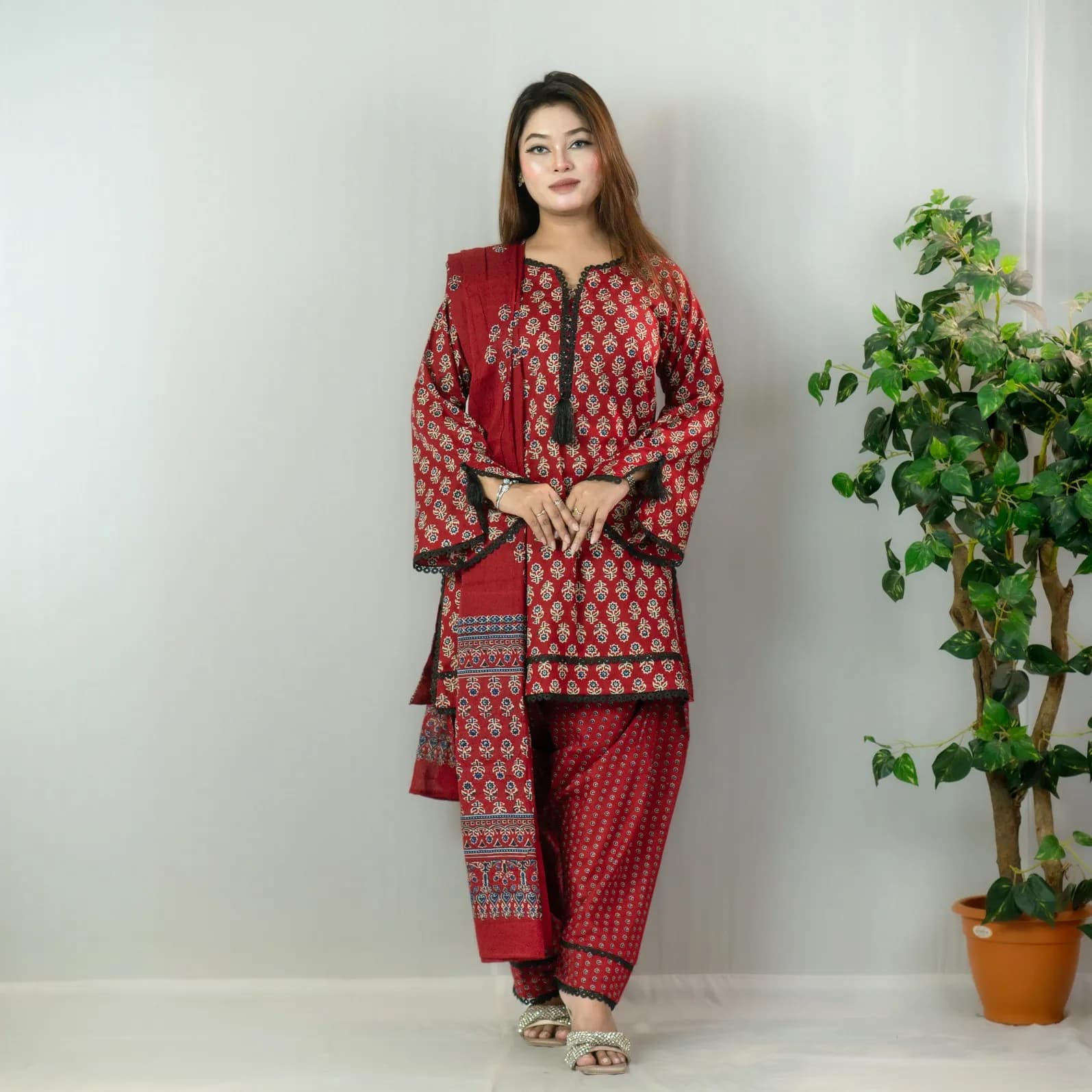 Red Printed Cotton Salwar Kameez –C-12506 Stitching Available