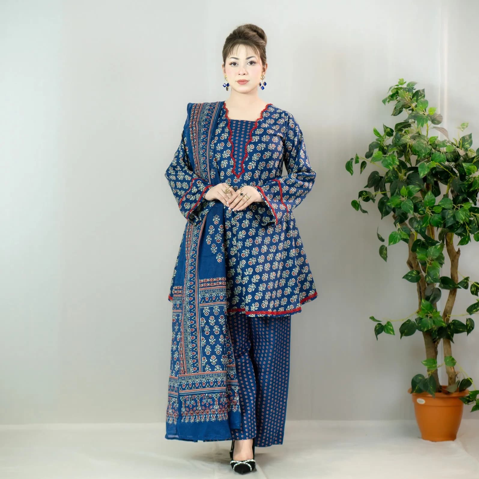 Blue Printed Cotton Salwar Kameez –C-12496 Stitching Available