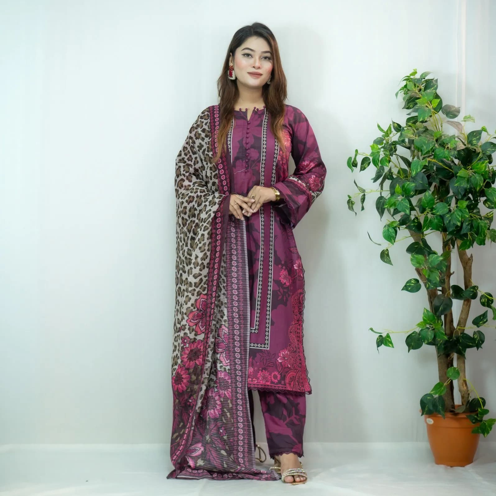 Deep Purple Printed Cotton Salwar Kameez –C-12524 Stitching Available