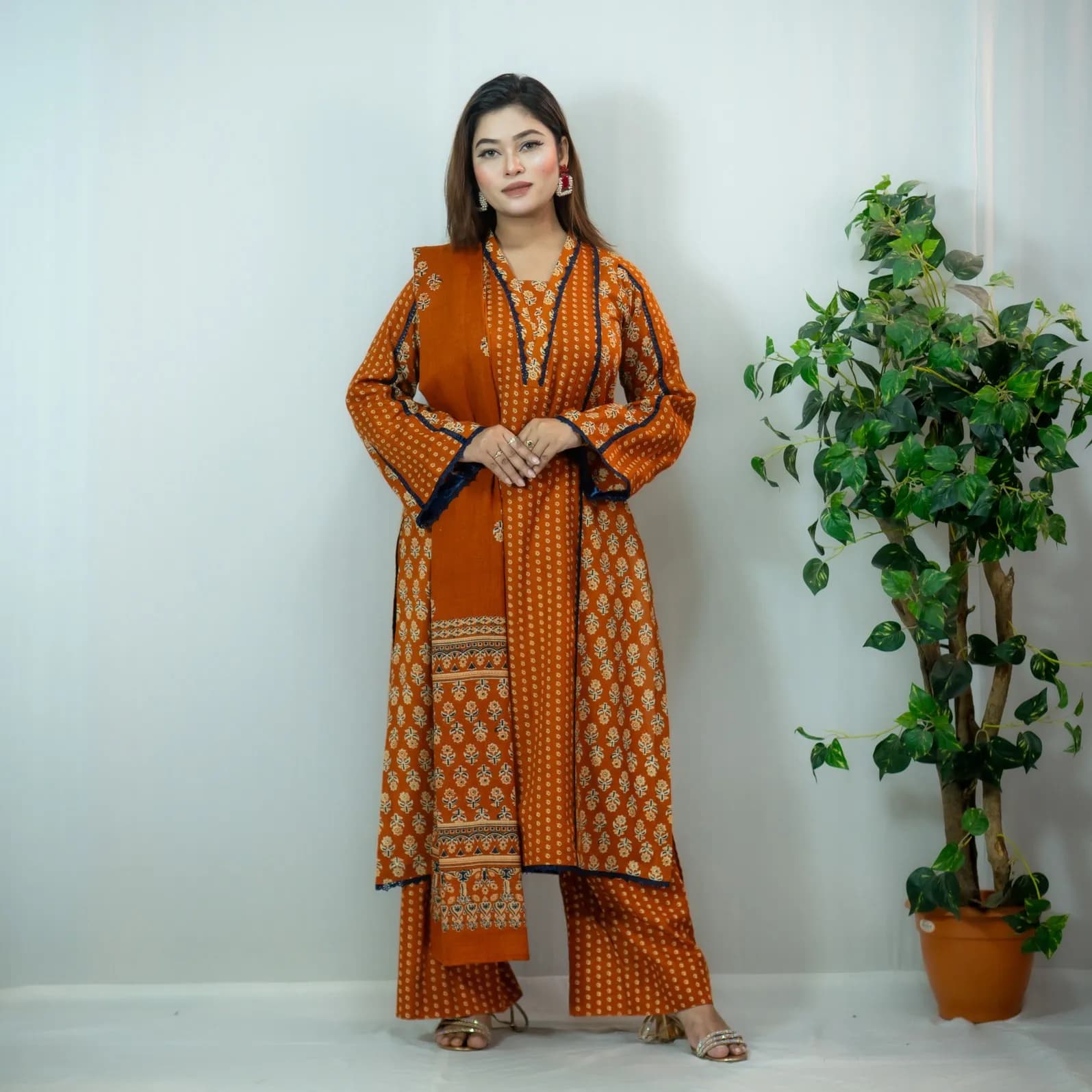 Mustard Orange Printed Cotton Salwar Kameez –C-12493 Stitching Available