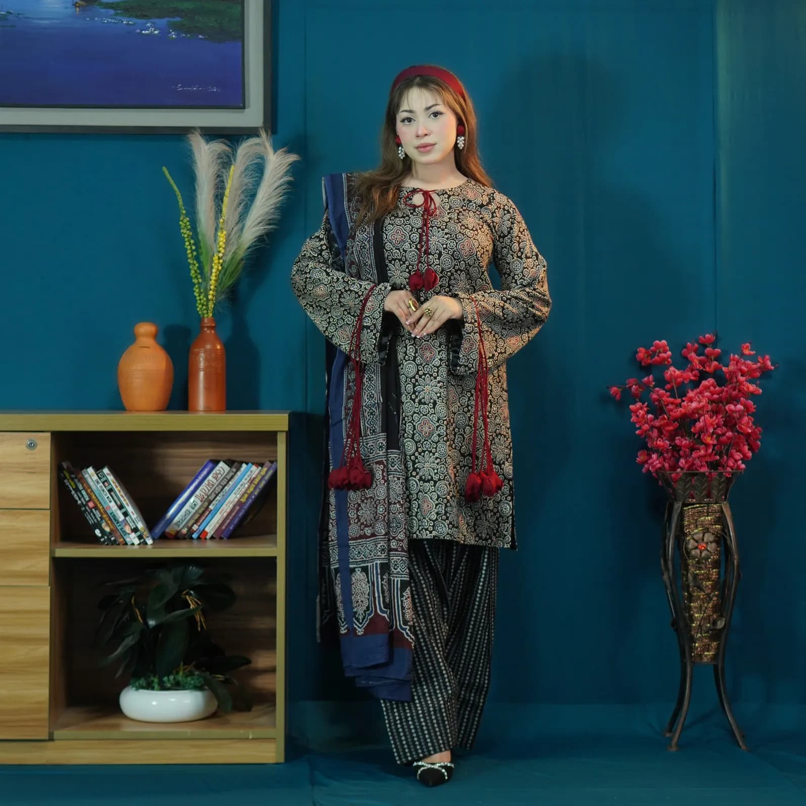 Black Printed Cotton Salwar Kameez –C-12461 Stitching Available