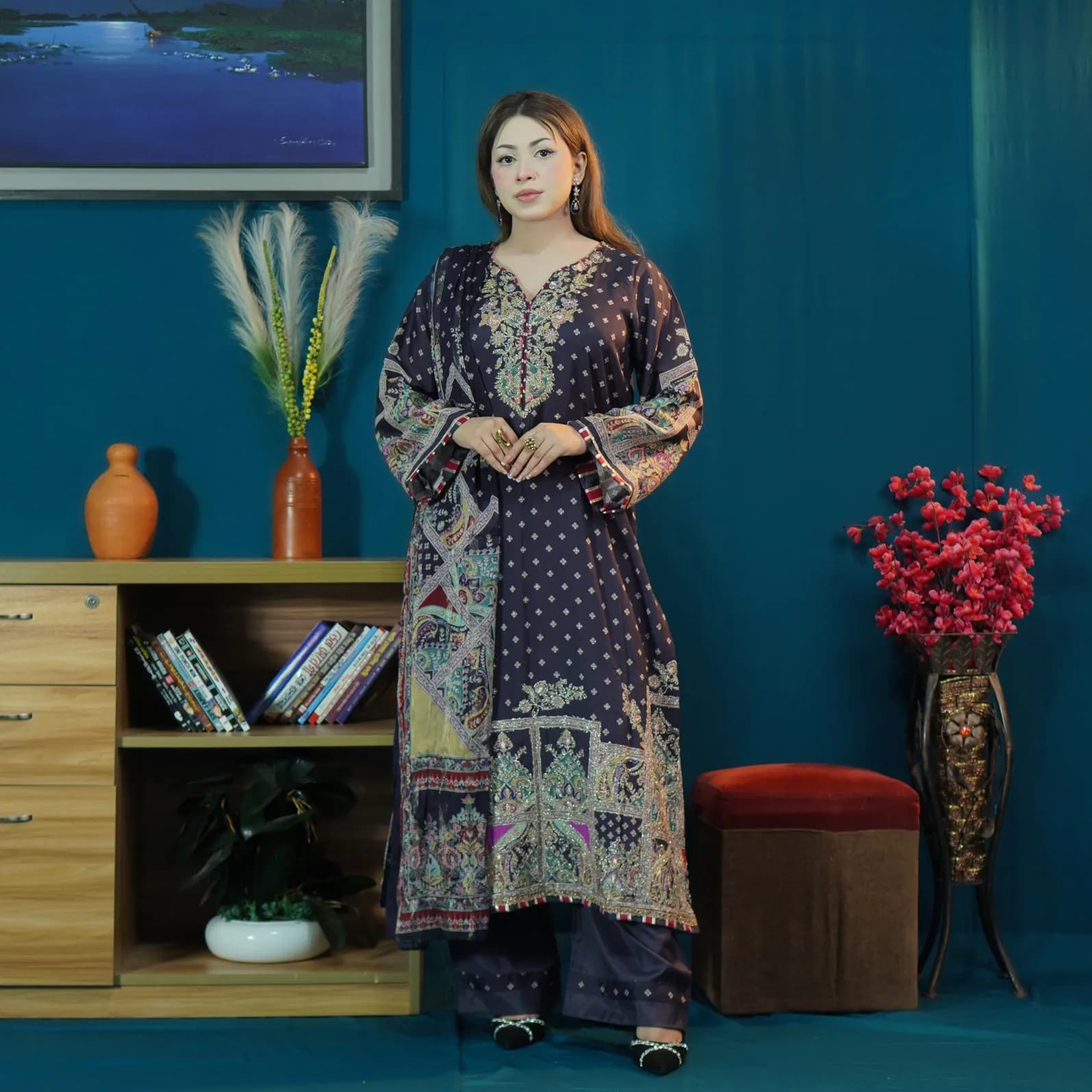 Dark Navy Printed Silk Salwar Kameez -C-12596 Stitching Available