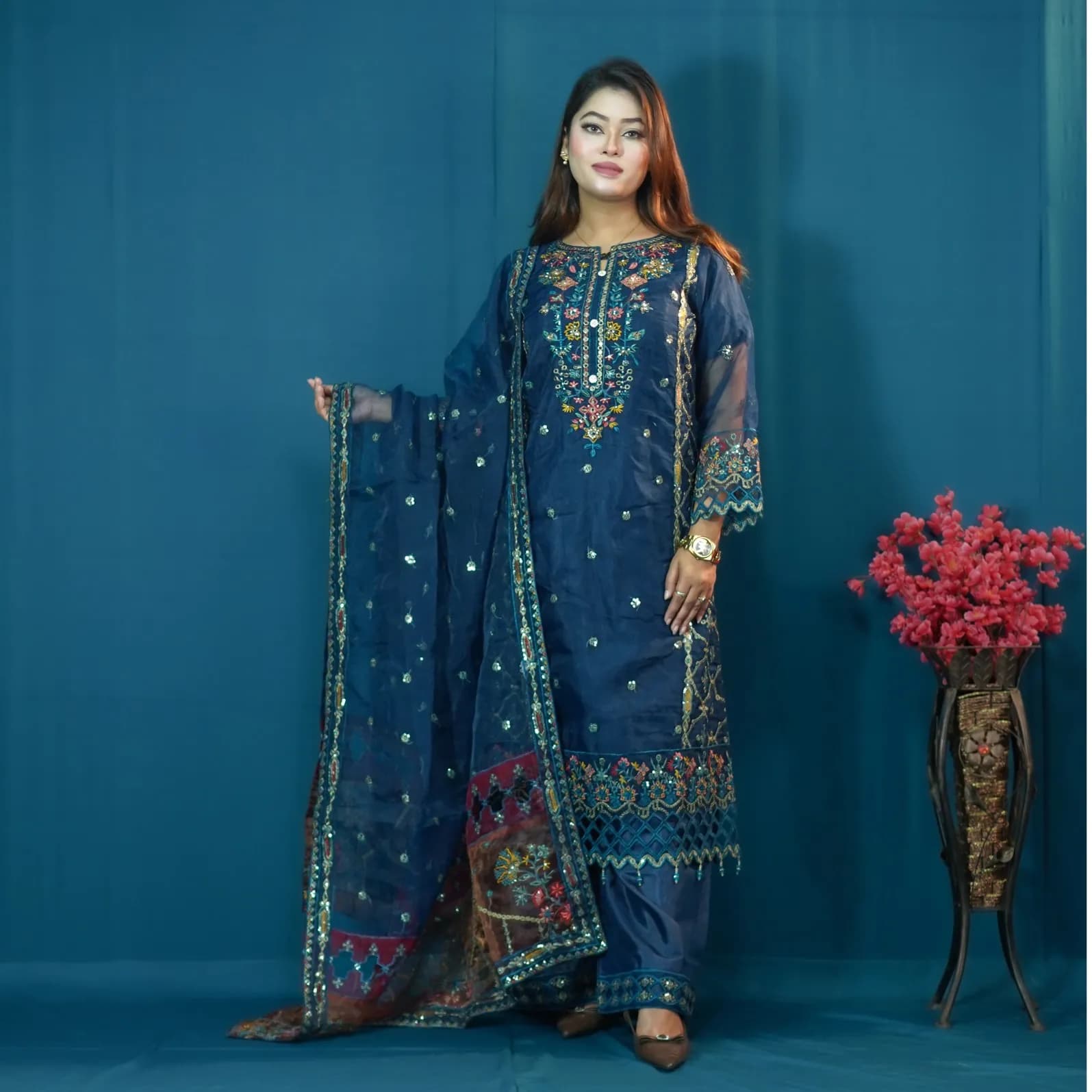 Midnight Blue Organza Salwar Kameez – C- 12657 -Stitching Available