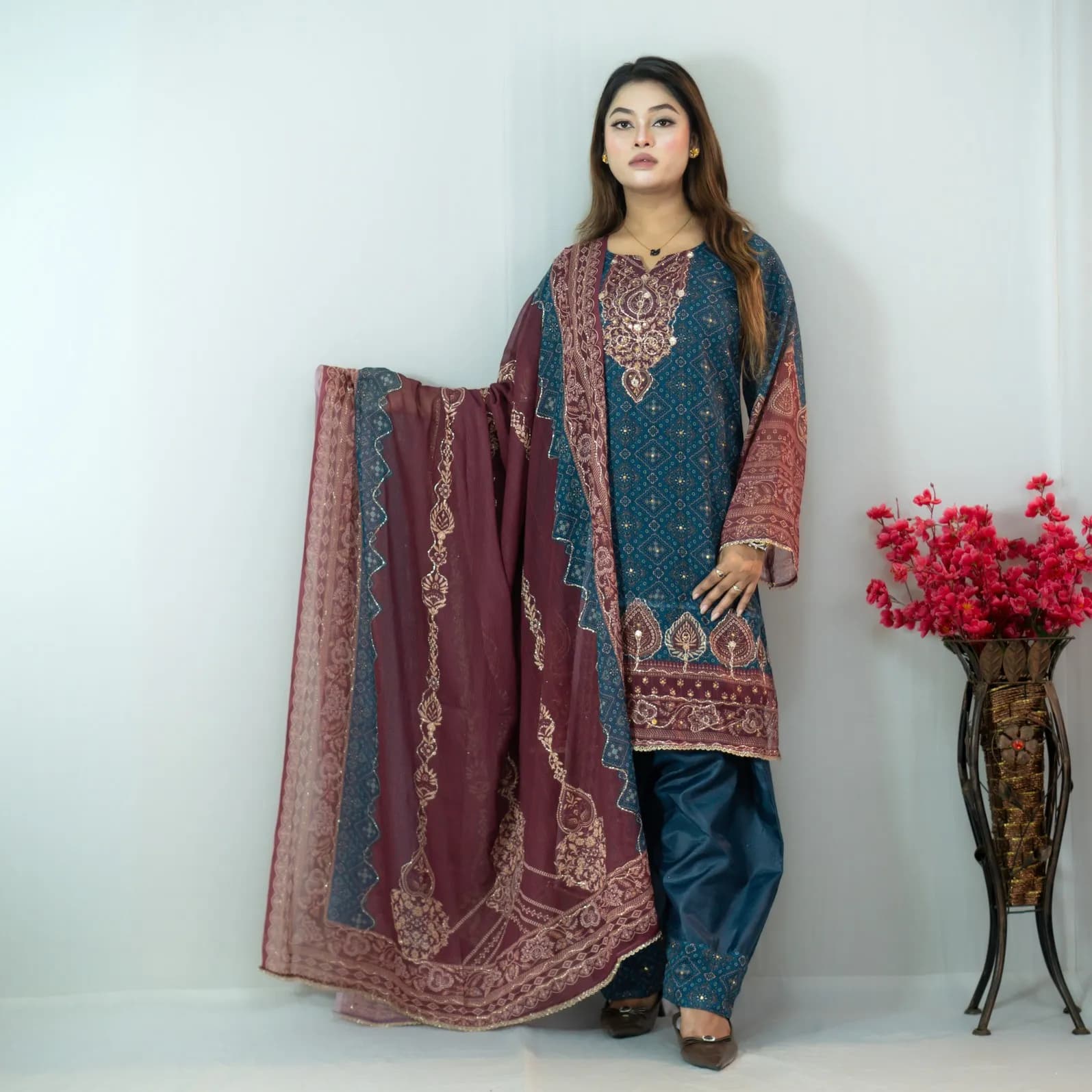 Teal Blue Printed Georgette Salwar Kameez –C-12655 Stitching Available