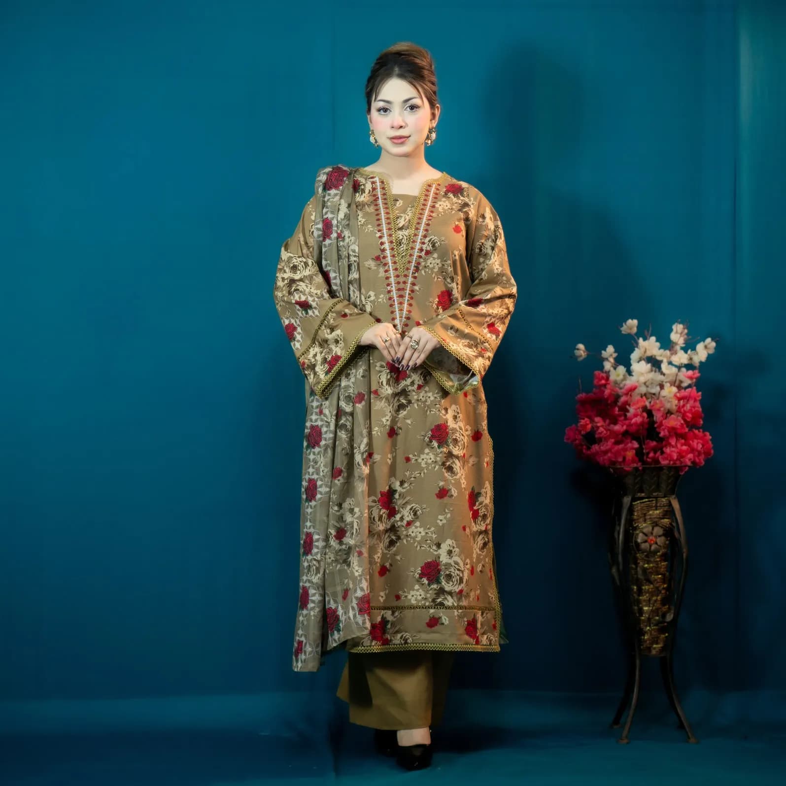 Olive-Brown Printed Cotton Salwar Kameez -C-12643 Stitching Available